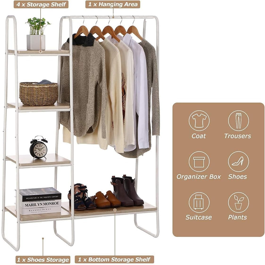 COOKCOK Clothing Rack Garment Rack with Shelves Wardrobe Rack Freestanding Closet Racks with Metal Hanger Rod and 4-Tier Wood Shelves Heavy Duty Clothes Rack for Bedroom Living Room Entryway, White