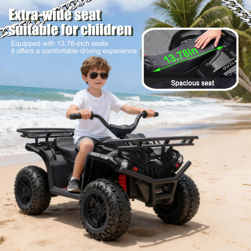 Track Seven 24V Ride on ATV, Kids ATV 4 Wheeler Quad Ride on Toy with Bluetooth, Crash Bar, Front & Rear Storage Rack, Power Display, LED Lights, Electric ATV for Boys Girls Aged 3+, Black