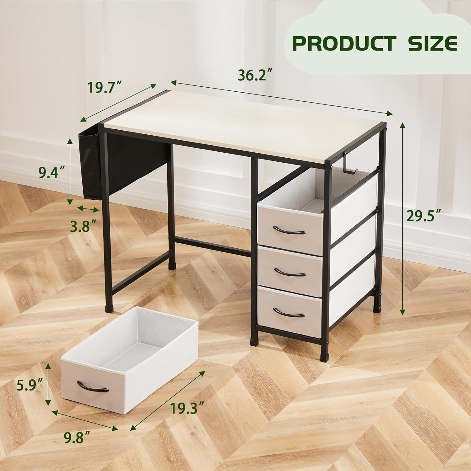 COOKCOK Computer Desk with Fabric Drawers Office Small Desk 36" Wide Desk with Headphone Hooks & Storage Bag for Student Kids Reading Table for Small Spaces, White