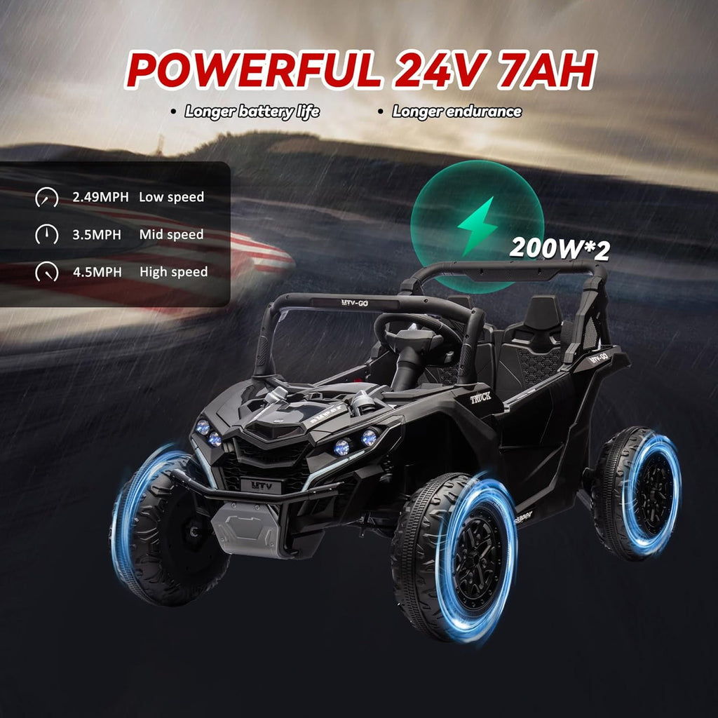 Track Seven 24V 2-Seater Ride on UTV, 20" Large Seat, 2 x 200W Powerful Motors, 4.5 mph Max Speed, Ride on Car w/Remote Control, MP3, Lights, Battery Powered Electric Car for Boys Girls Age 3+, Black
