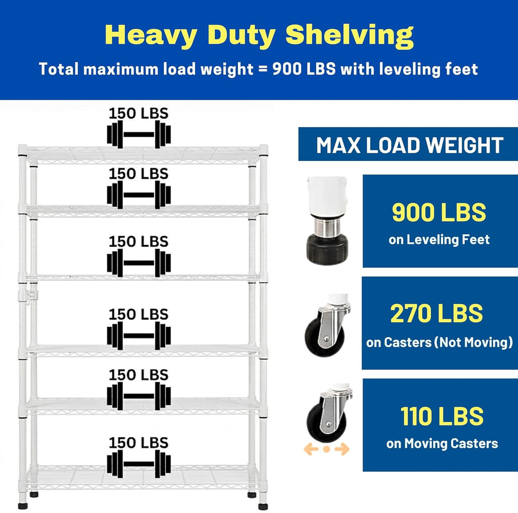 COOKCOK 6-Tier Wire Shelving Unit with Wheels 46"W x 18"D x 82"H, White
