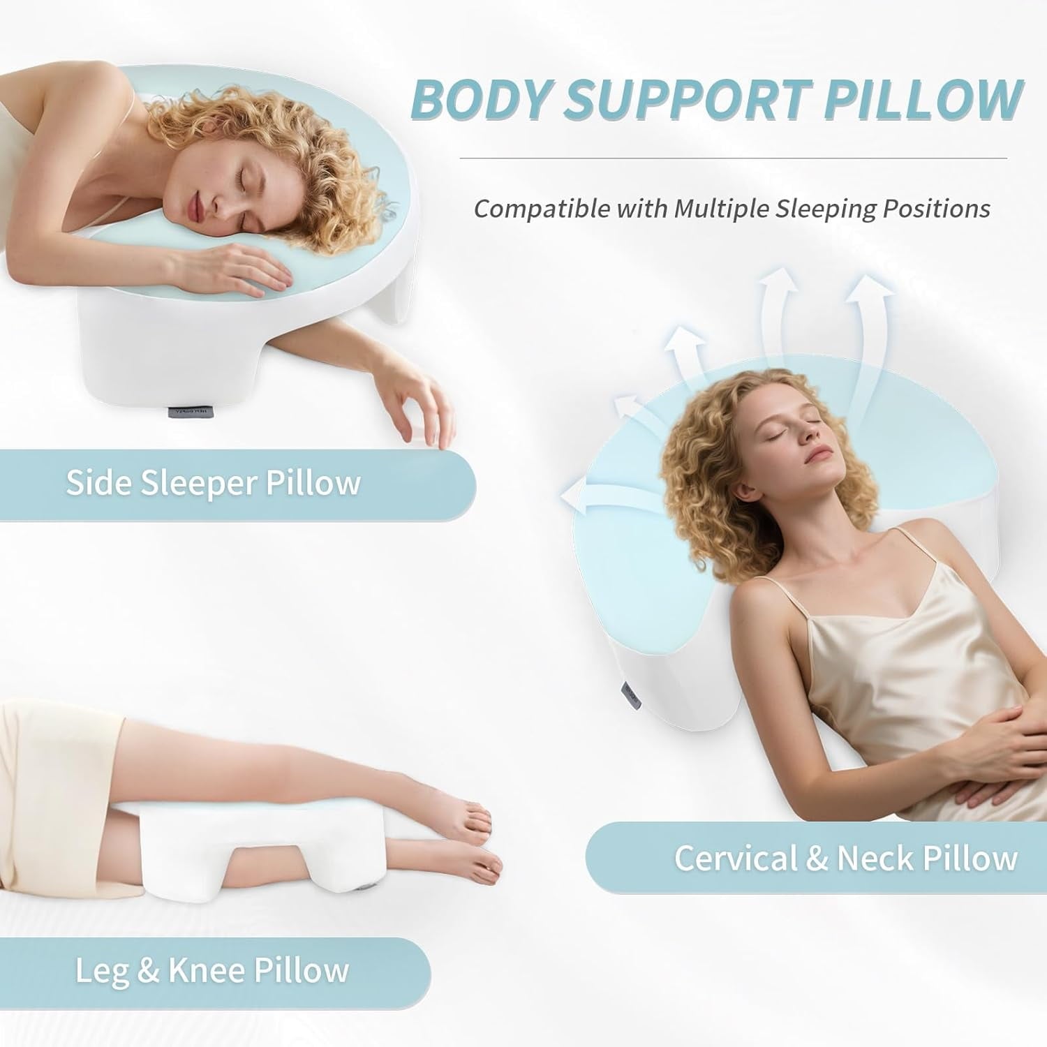 COOKCOK Side Sleeper Pillow with Arm Hole, 2PCS Pillowcase, Ergonomic Cooling Arm Pillow for Adults, Cervical, Neck, Shoulder, Rotator& Cuff, Ideal for Side Sleepers-Blue