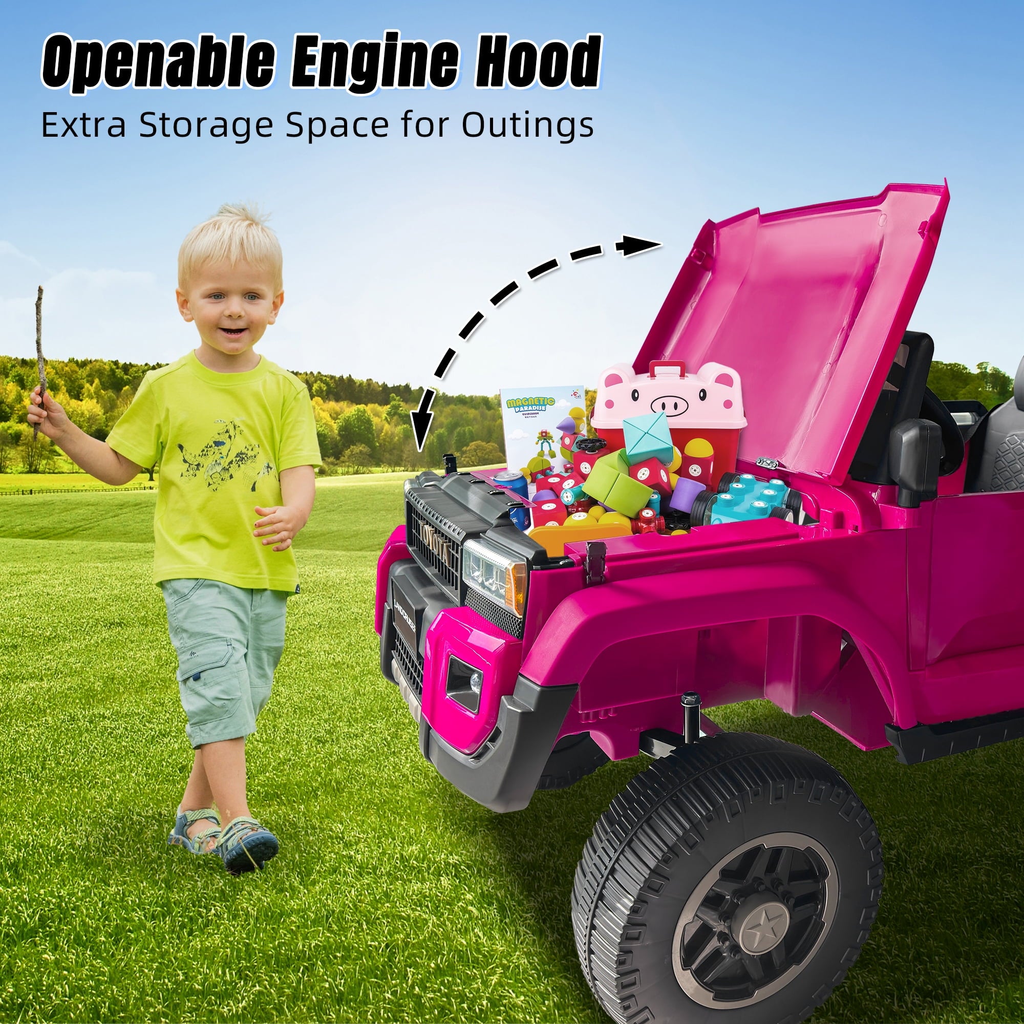 Track 7 24V Ride on Car, Licensed Toyota LC 250 2-Seater Electric Car for Boys Girls, 24V Ride on Car with Remote Control, Music, Bluetooth, Front Storage Space, Shovel, Pink