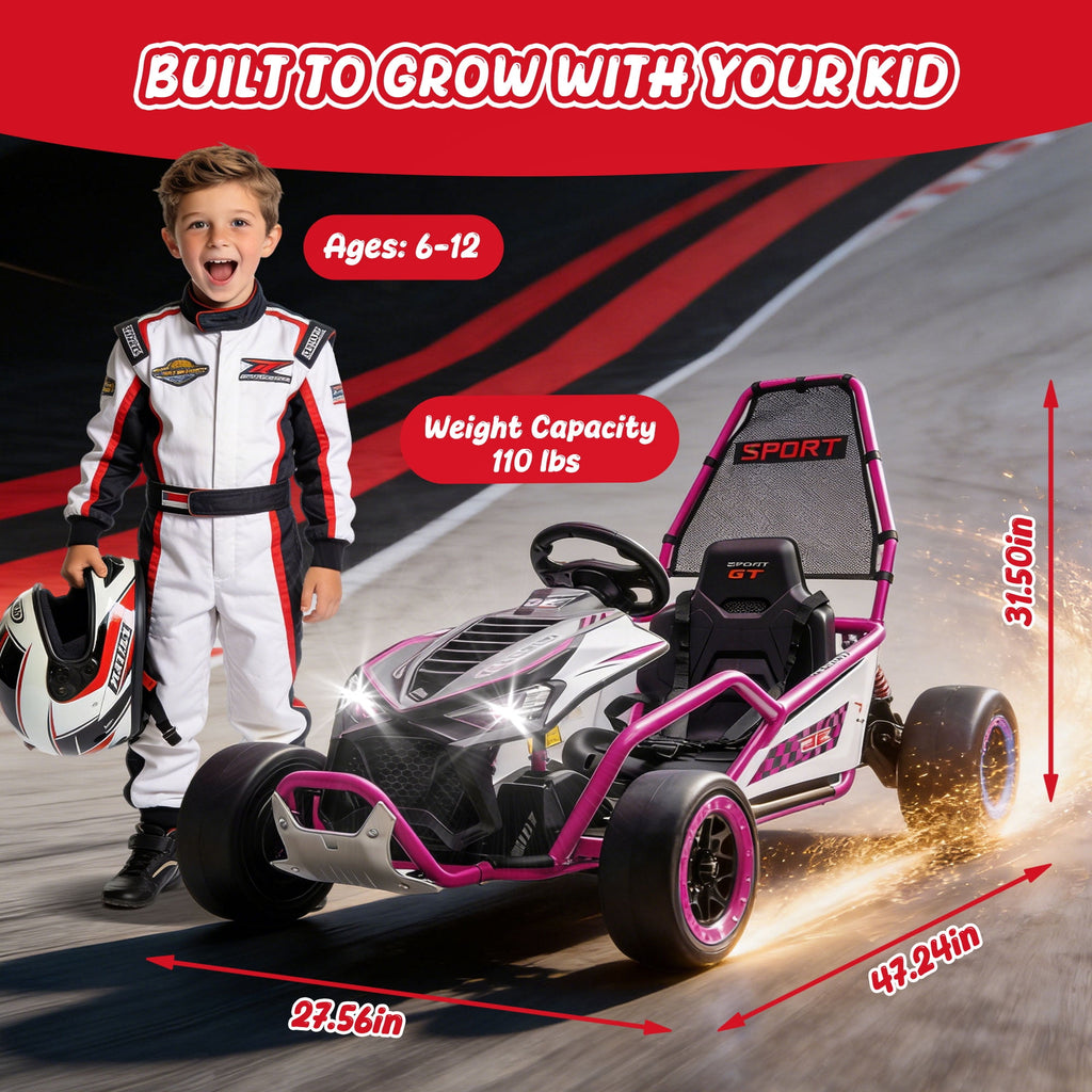 Track Seven 24V Electric Go Kart for Kids, Drift Crazy Cart with 400W Motors, Max 7 Mph, Protective Roll Cage, Metal Frame, 5-Point Harness, Bluetooth, 24V Ride on Toy Car Kart for Kids Aged 6+, Pink