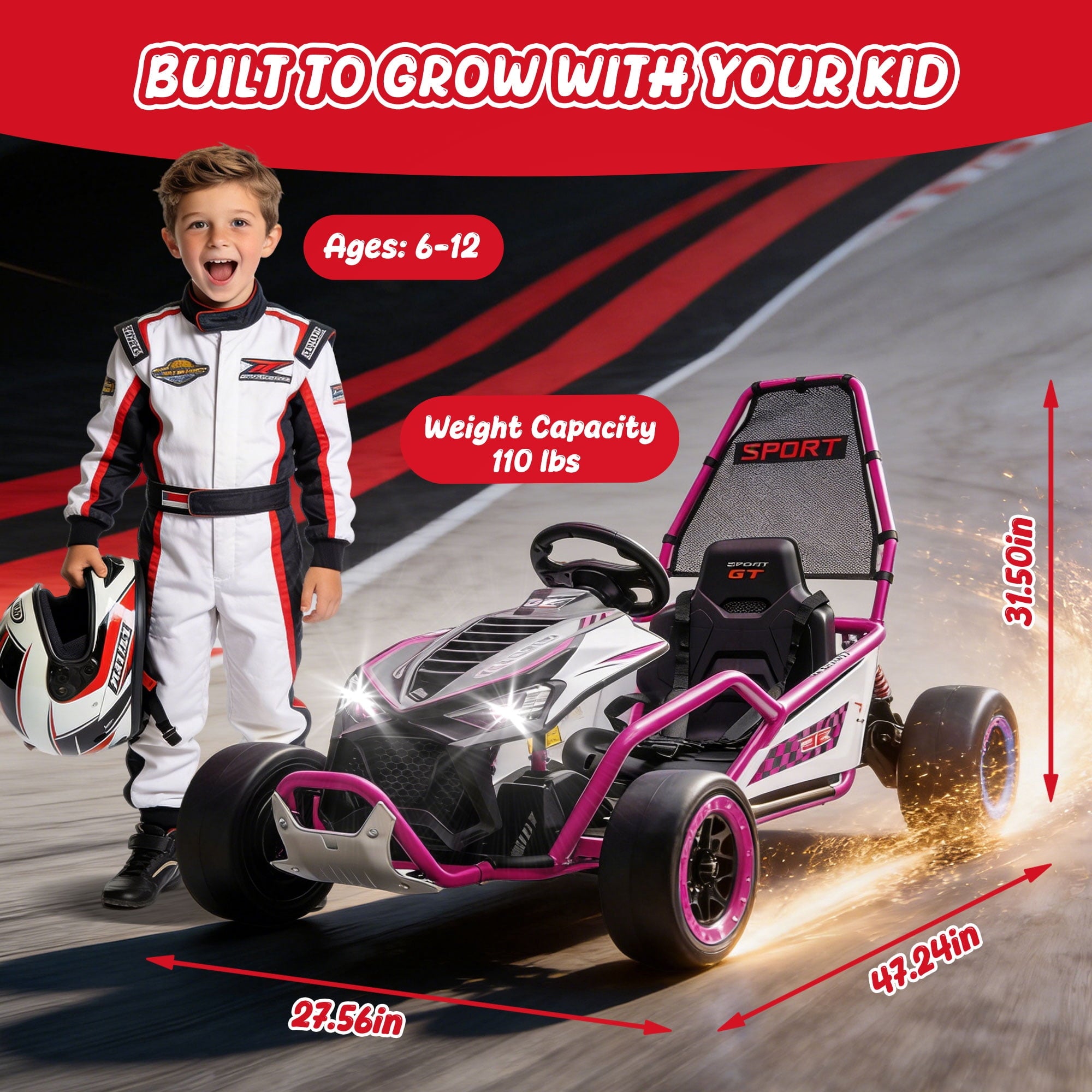 Track Seven 24V Electric Go Kart for Kids, Drift Crazy Cart with 400W Motors, Max 7 Mph, Protective Roll Cage, Metal Frame, 5-Point Harness, Bluetooth, 24V Ride on Toy Car Kart for Kids Aged 6+, Pink