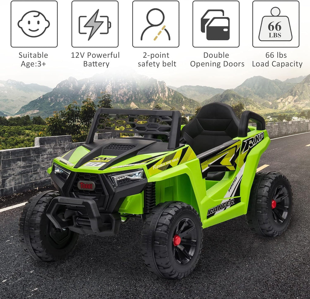 Track 7 12V Kids Ride on Truck, Electric Off-Road UTV Truck with Forward and Reverse Functions, Double Open Doors, Safety Belt, Music and Lights for Kids Aged 3-6 Years, 5 Mph Max Speed, Green
