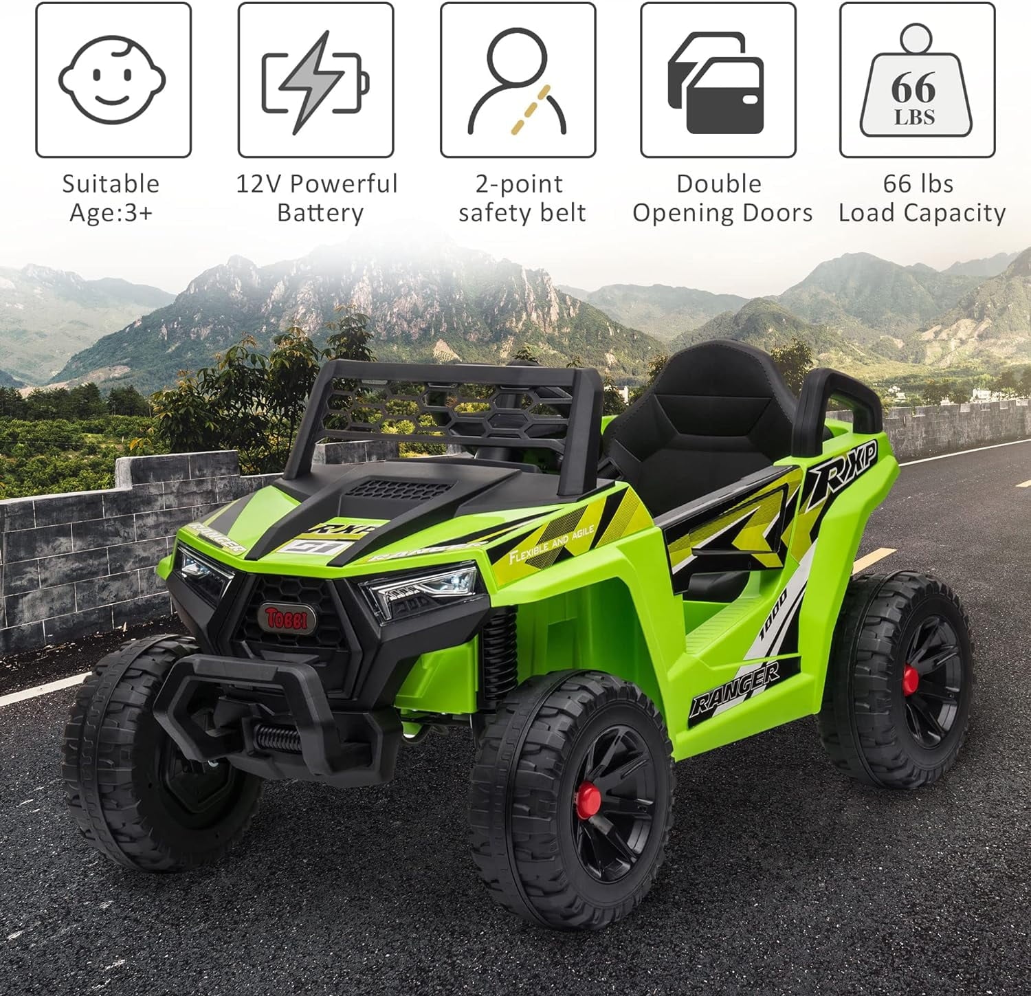 Track 7 12V Kids Ride on Truck, Electric Off-Road UTV Truck with Forward and Reverse Functions, Double Open Doors, Safety Belt, Music and Lights for Kids Aged 3-6 Years, 5 Mph Max Speed, Green