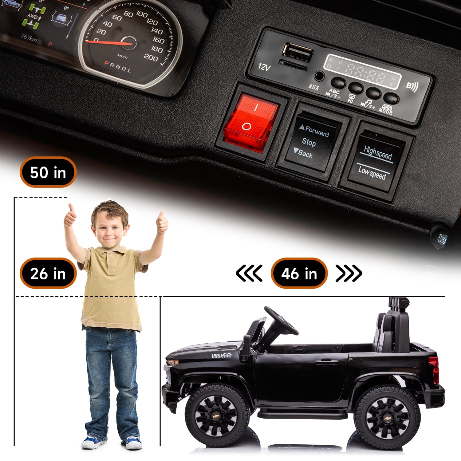 Track 7 24V Ride on Car, Licensed Silverado HD 2 Seater Electric Car for Boys Girls Age 3+, 24V Ride on Truck w/Remote Control, Music, ABC, Black