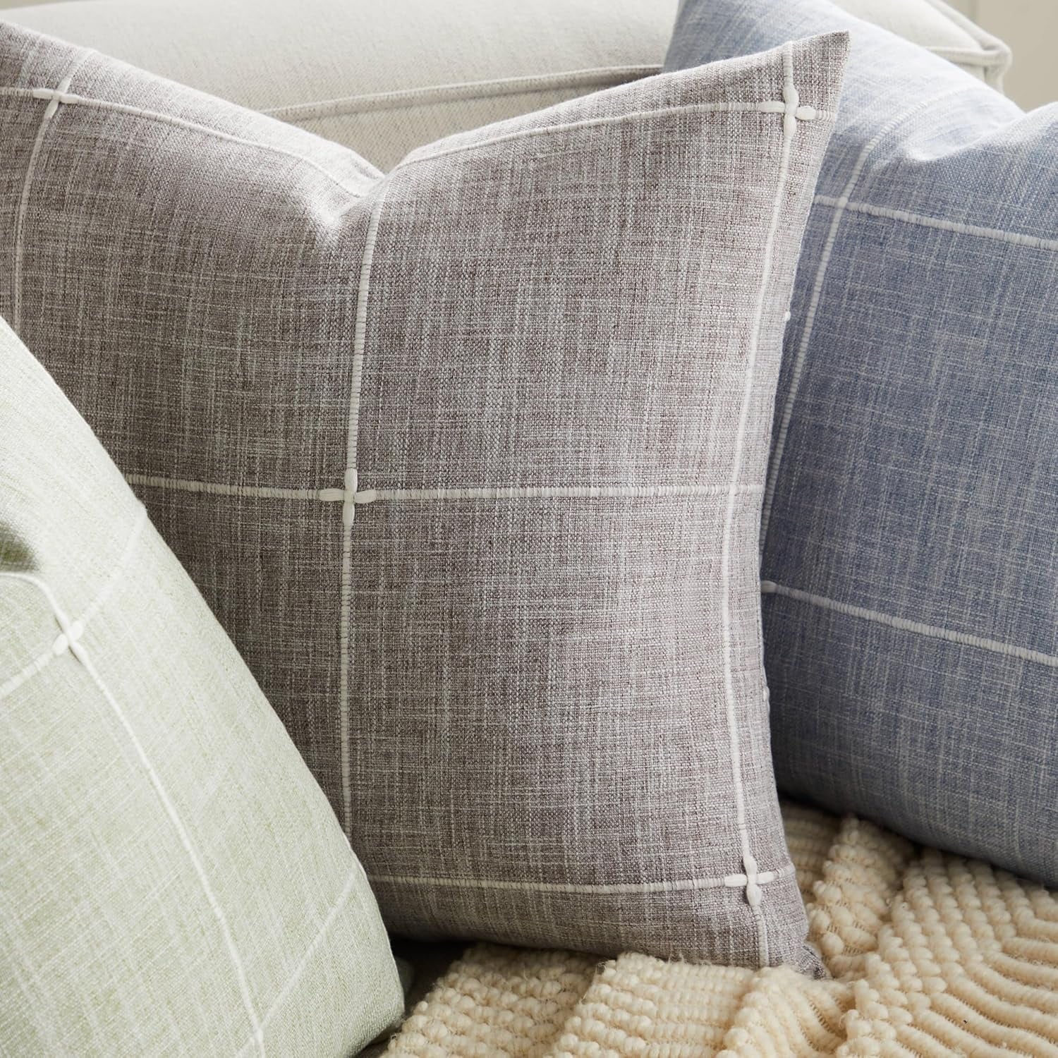 COOKCOK 2 Packs Grid Embroidery Throw Pillow Covers, 18x18 Inch Taupe, Farmhouse Cotton Linen Decorative Light Brown Cushion Covers for Sofa Bed Living Room Home Decor