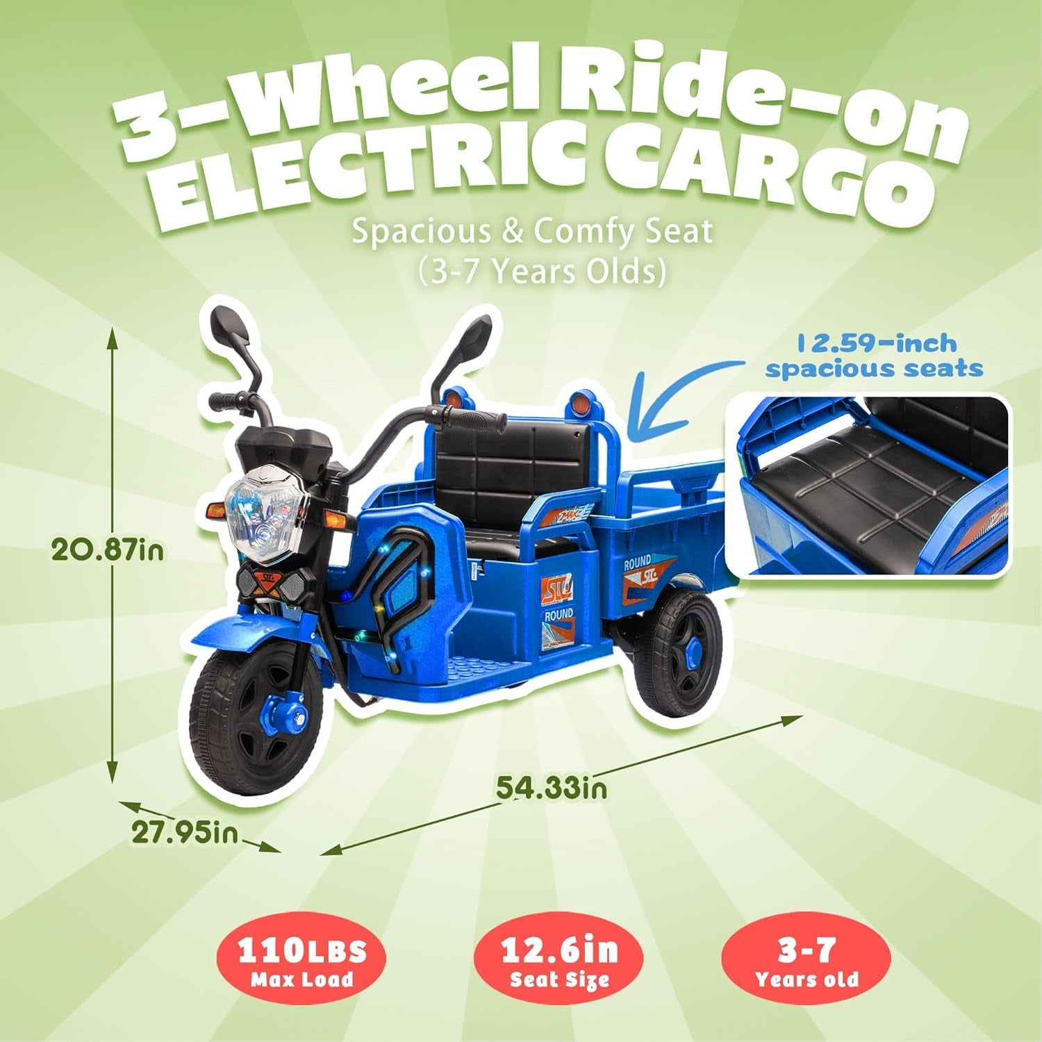 Track Seven 12V Kids Ride on Car, Electric 3-Wheel Cargo Truck with Large Storage Space, LED Lights, Music, Electric Trike Ride on Toy for Kids Aged 3+, Blue