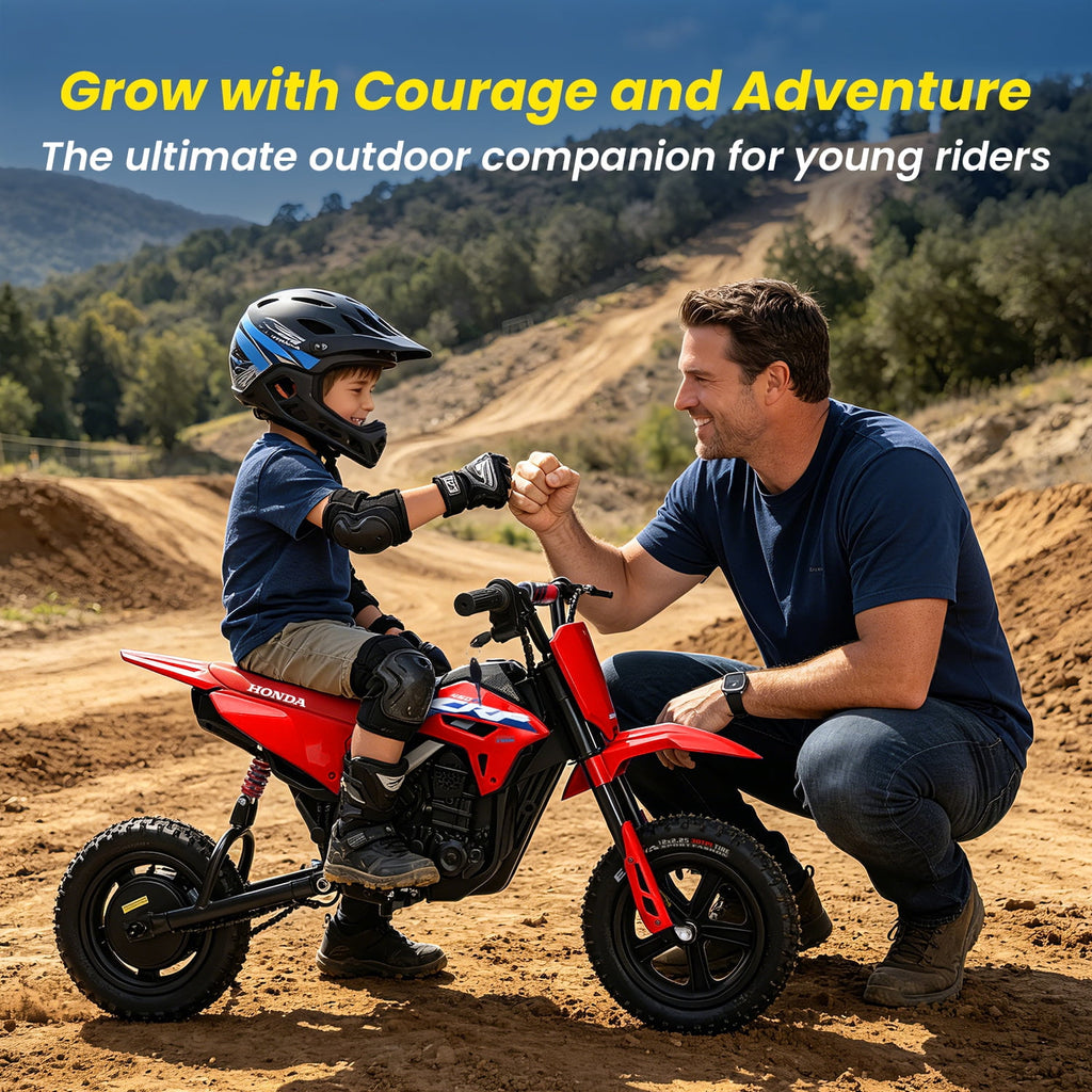 Track Seven 24V Electric Dirt Bike for Kids, Official Licensed Honda Electric Motorcycle, Up to10 Mph, Twist-Grip Throttle, 12" Pneumatic Tires, Bluetooth, Music, 24V Motorcycle for Kids 6+, Red