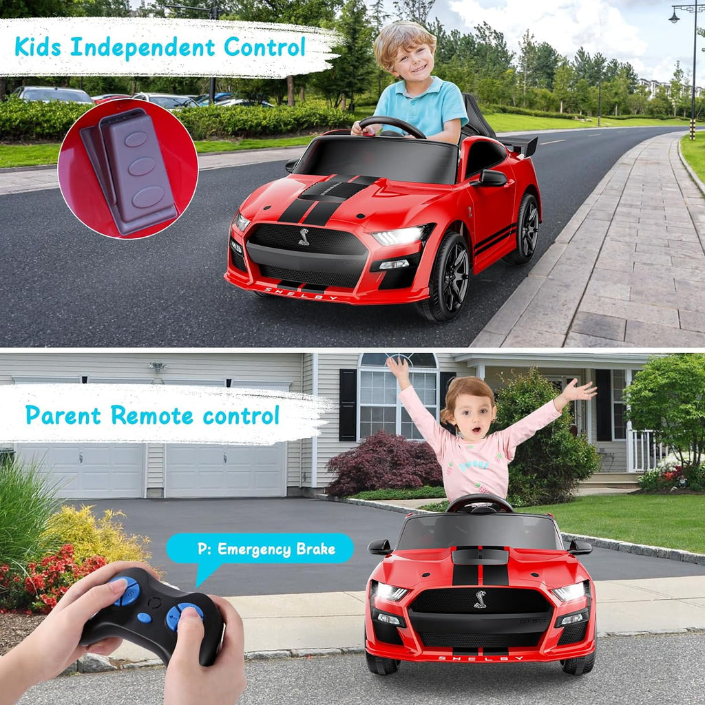 Track 7 12V Ride on Car, Licensed Ford Mustang Shelby GT500 Ride on Car with Remote Control, LED Lights, Music & Bluetooth, Electric Car for Boys Gilrs Age3+, Red