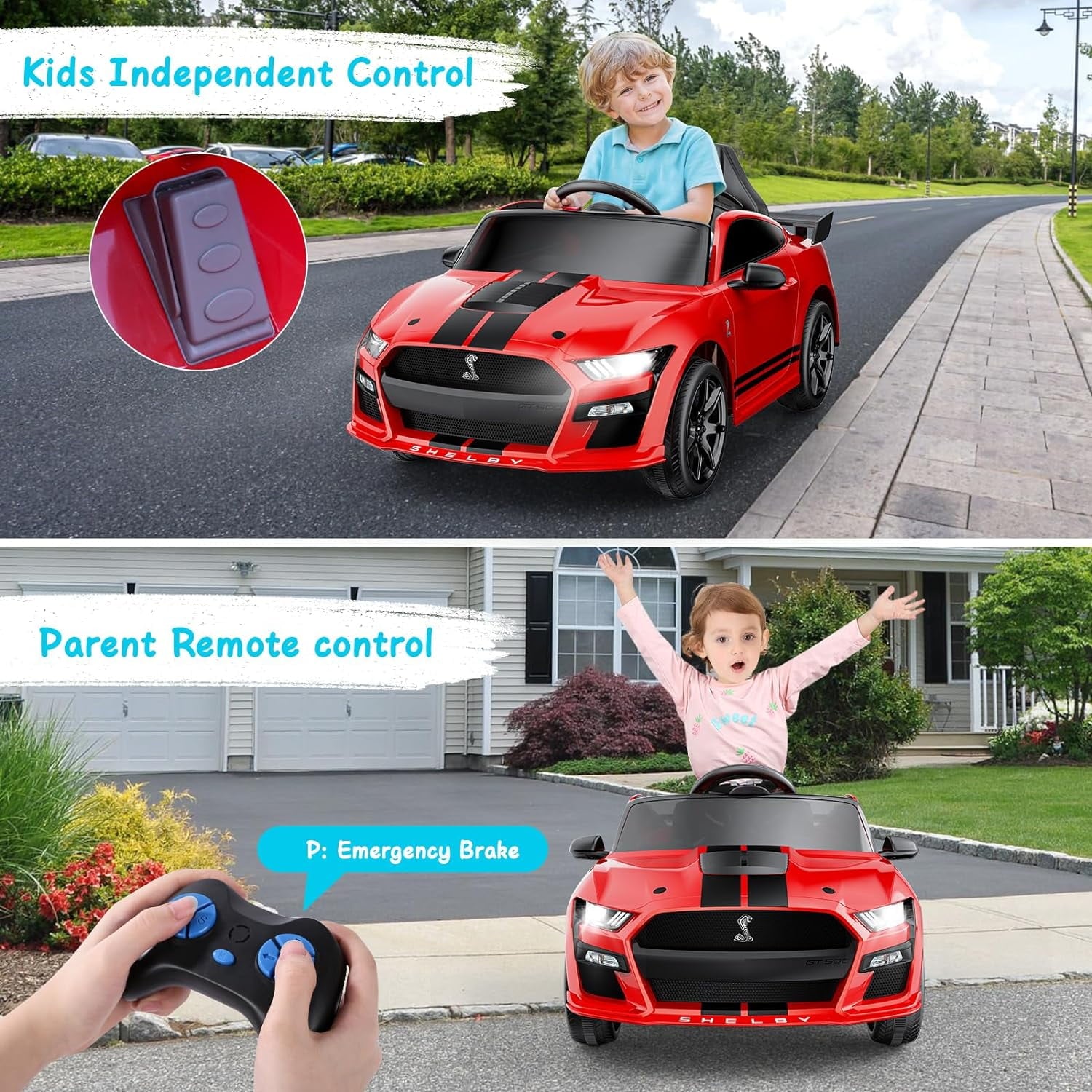 Track 7 12V Ride on Car, Licensed Ford Mustang Shelby GT500 Ride on Car with Remote Control, LED Lights, Music & Bluetooth, Electric Car for Boys Gilrs Age3+, Red