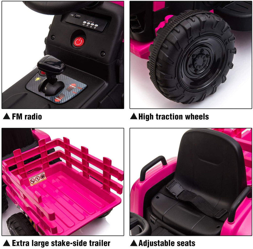 LISUEYNE 12V Ride on Tractor with Trailer,  Electric Car with Music, USB, LED Lights, Ride on Car for Kids Age 3-6 Years, Max Speed 5mph, Rose Red