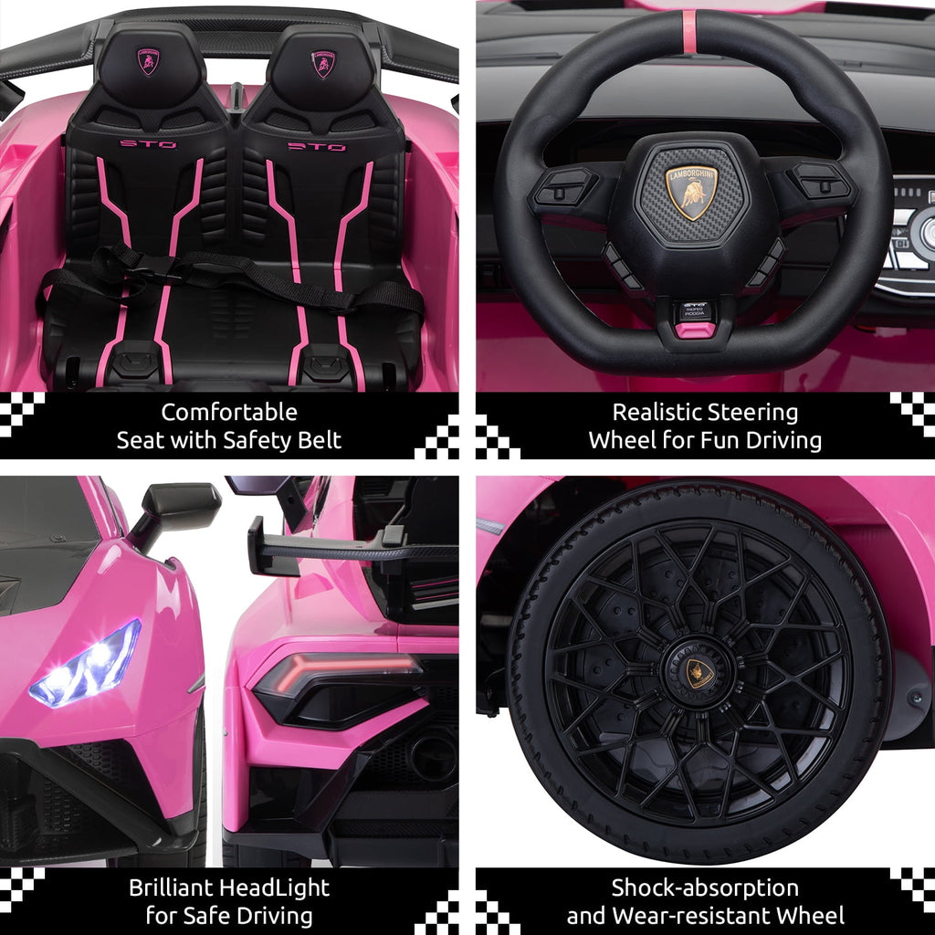 Track 7 24V Kids Ride on Car, Licensed Lamborghini STO Electric Car for Boys Girls, 2-Seater Ride on Drift Car with Remote Control, Music, 360° Spin, Max Speed 6mph, Pink