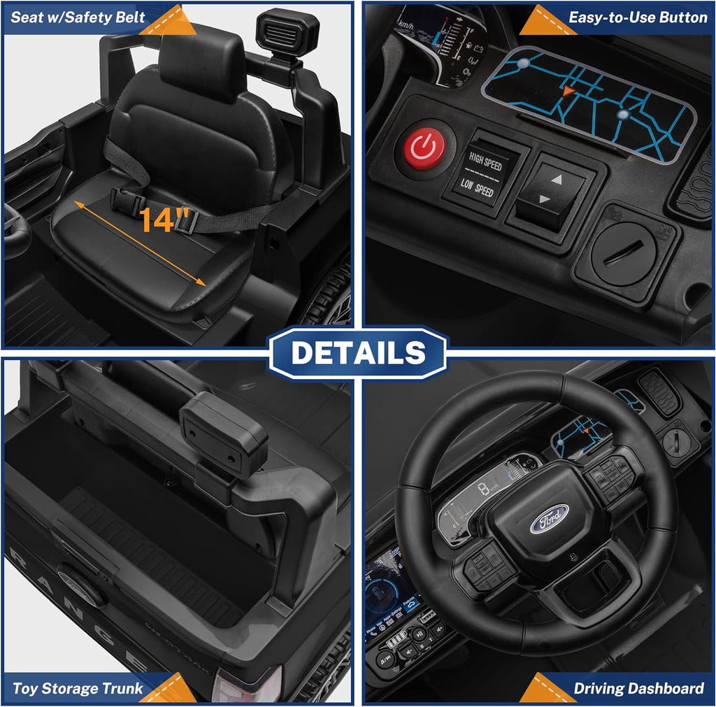 Track 7 12V Kids Ride on Pickup Truck, Licensed Ford Ranger, Electric Vehicle Ride on Toy Car with Remote Control, Music Player, LED Lights, Bluetooth, Soft Start, Gift for Kids Ages 3-6, Black