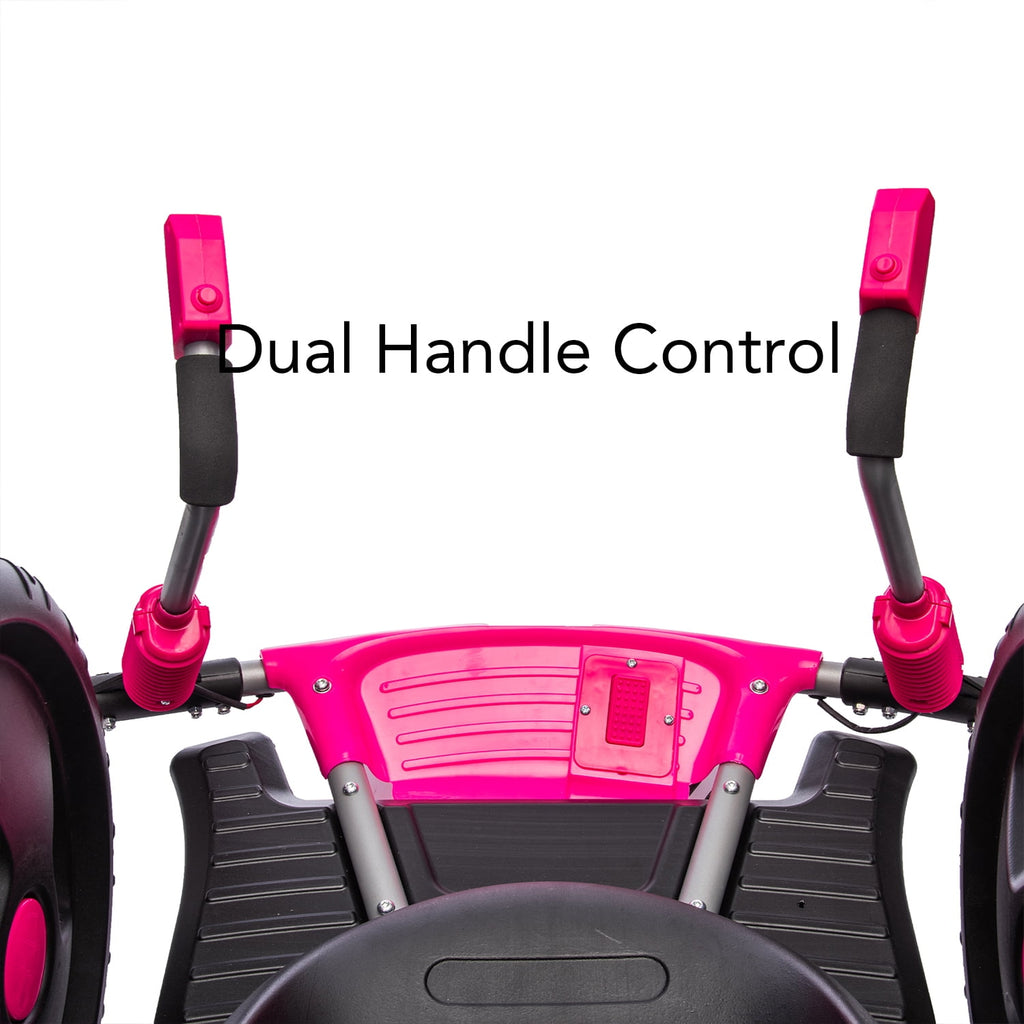 Track 7 12V Kids Ride On Car, 16" Exaggerated Wheel Electric Go Kart, Dual Handle Control, 360 Degree Steering Rotation, Max Speed 4.66 mph, DIY Stickers, Electric Car for Boys Girls Age 6+, Pink