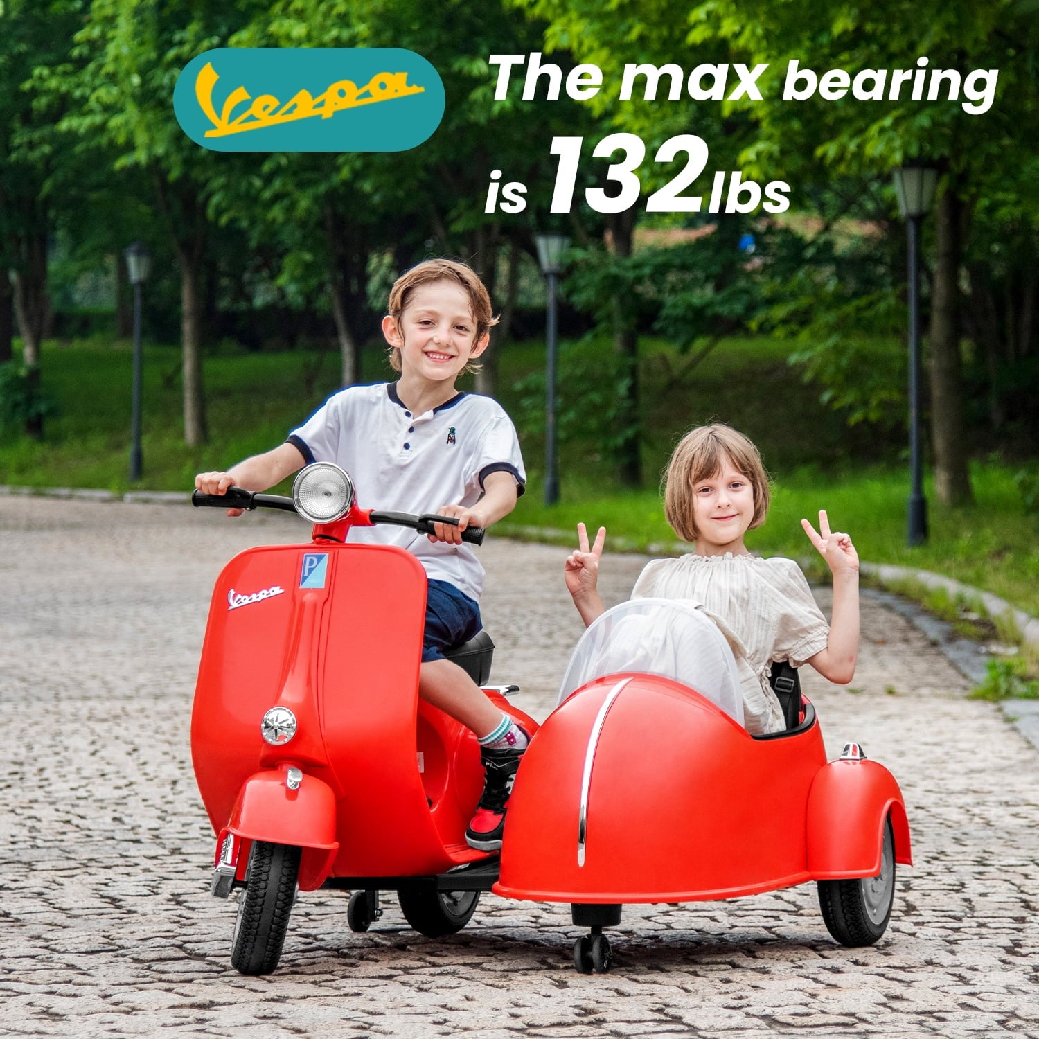 Track Seven 2-Seater Ride on Motorcycle, 12V Licensed Vespa Ride on Motorcycle wth Side Car, 2-Seater Ride on Car, Music, Max Speed 4.8mph, Red