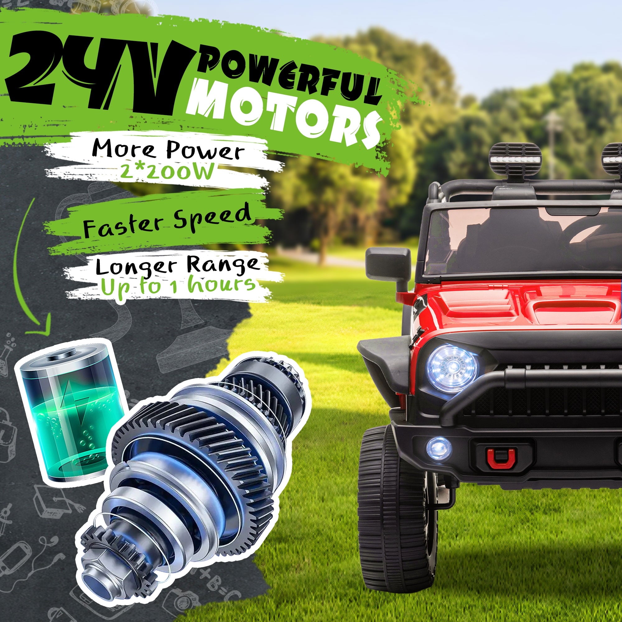 Track 7 24V Two-Seater Kids Ride-On Truck, Parents Control, 4WD Suspension, LED/MP3/Bluetooth, 2 Seat Belts, Ages 3+, Red