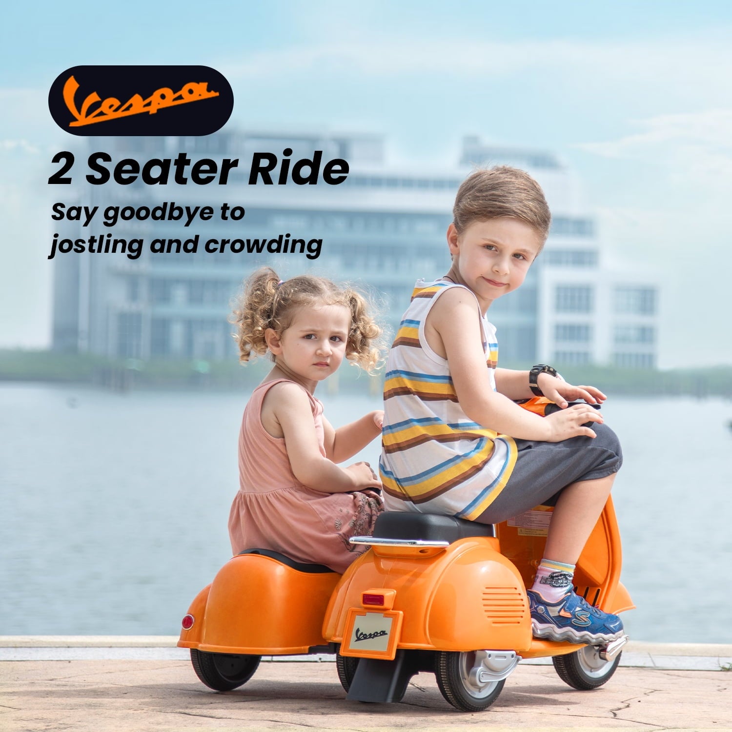 LISUEYNE Licensed Vespa Ride on Motorcycle with Side Car, 2-Seater Electric Car for Kids, Music, Storage Bin, Max Speed 3.7mph, Orange