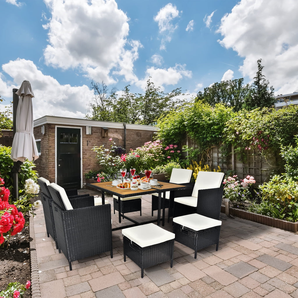 COOKCOK  Patio Dining Table Set, 9 Piece Outdoor Furniture Sets, Black Wicker Rattan Dining Table and Chairs Set, Patio Conversation Set with Cushions for Garden & Backyard, Beige