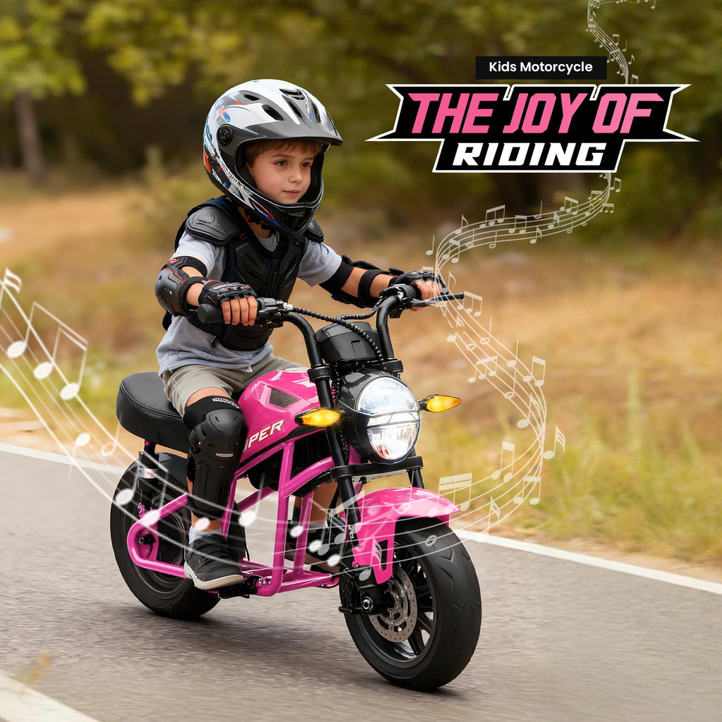 Track Seven 24V Electric Motorcycle for Kids, 300W Electric Dirt Bike Up to 11 MPH, Twist-Grip Throttle, Rear Brake, 14-Inch EVA Tires, Music, Light, Electric Bike for Kids Aged 6+, Pink