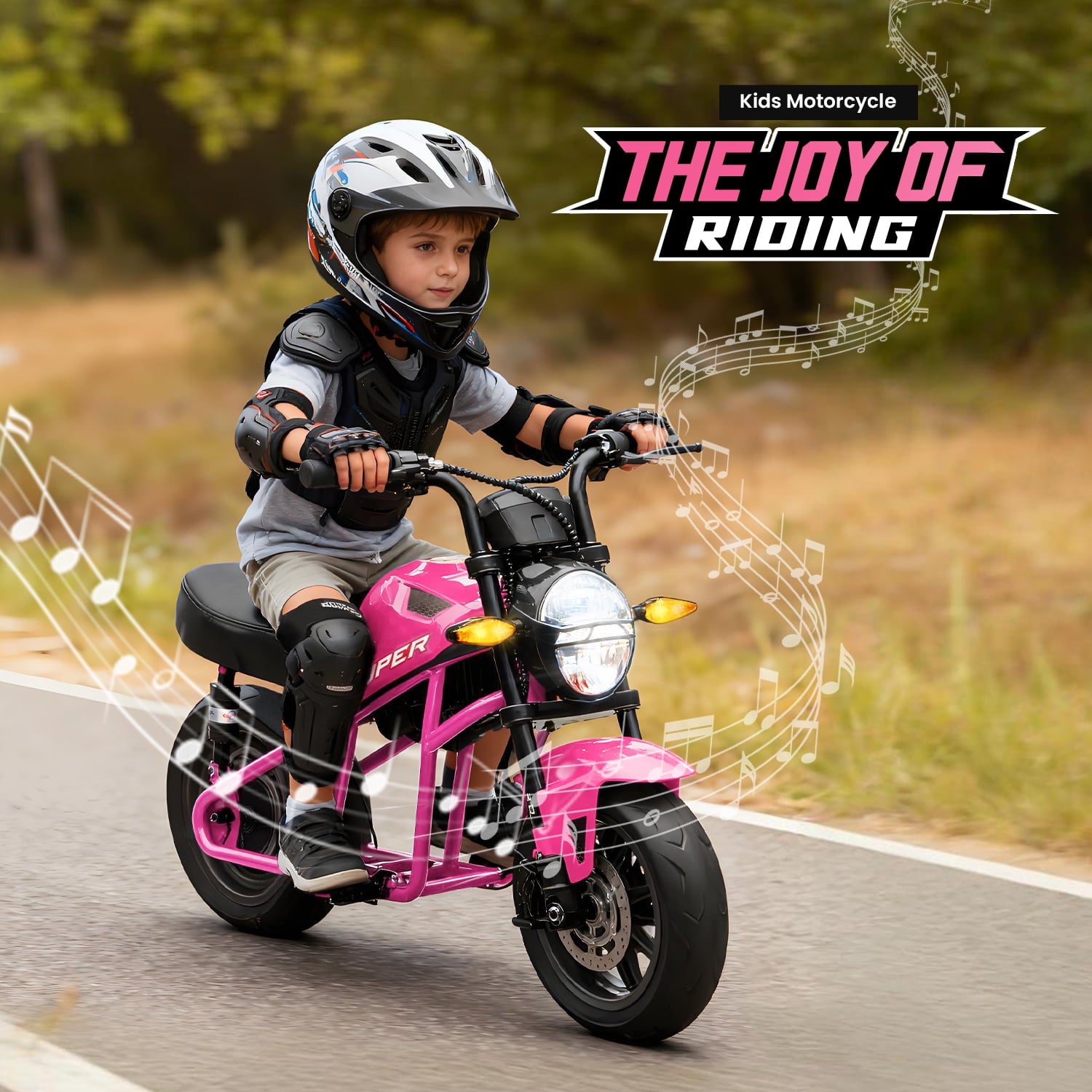 Track Seven 24V Electric Motorcycle for Kids, 300W Electric Dirt Bike Up to 11 MPH, Twist-Grip Throttle, Rear Brake, 14-Inch EVA Tires, Music, Light, Electric Bike for Kids Aged 6+, Pink