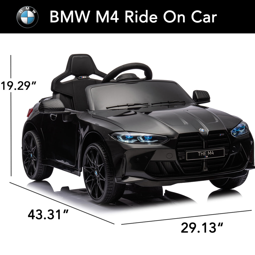 Track 7 12V Ride on Car, Licensed BMW M4 Electric Car, Kids Ride on Car with Remote Control, Bluetooth, Lights, Portable Handle, Black