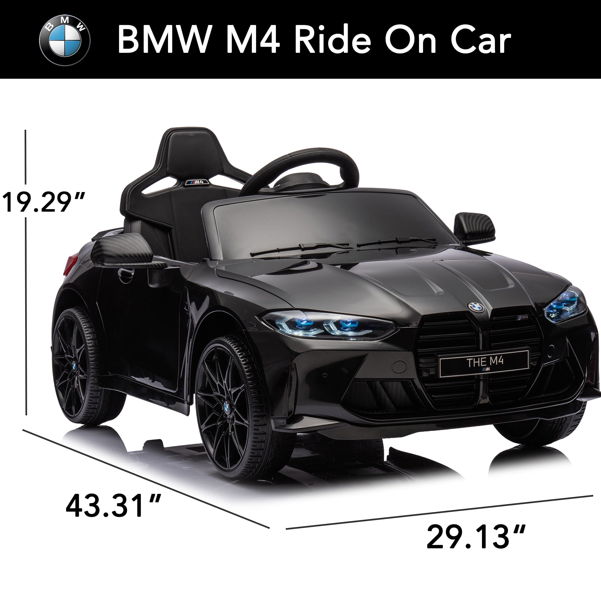 Track 7 12V Ride on Car, Licensed BMW M4 Electric Car, Kids Ride on Car with Remote Control, Bluetooth, Lights, Portable Handle, Black