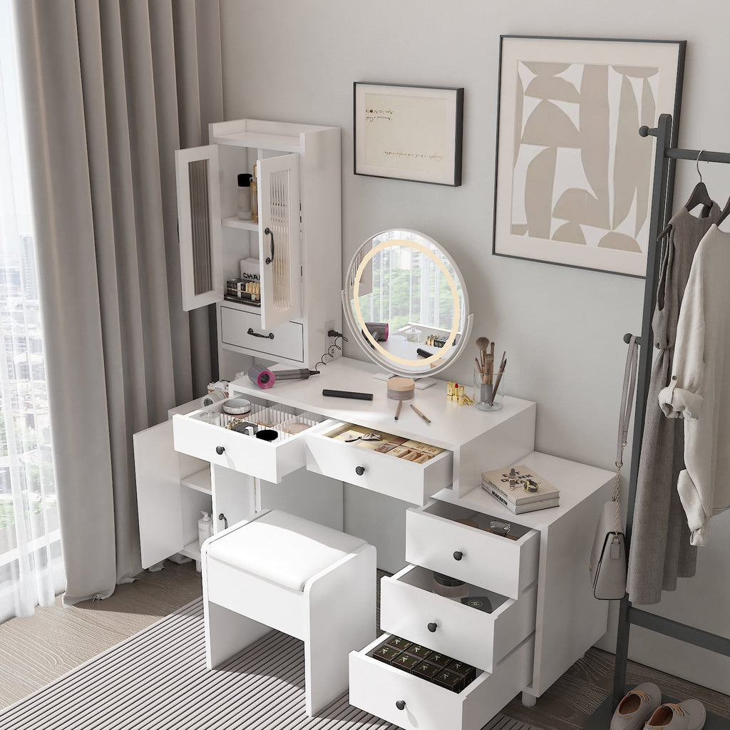 COOKCOK Makeup Vanity Desk with LED Mirror, Retractable Dressing Table with Power Outlets, Vanity Table with Side Cabinet and Nightstand, Storage Shelves, White