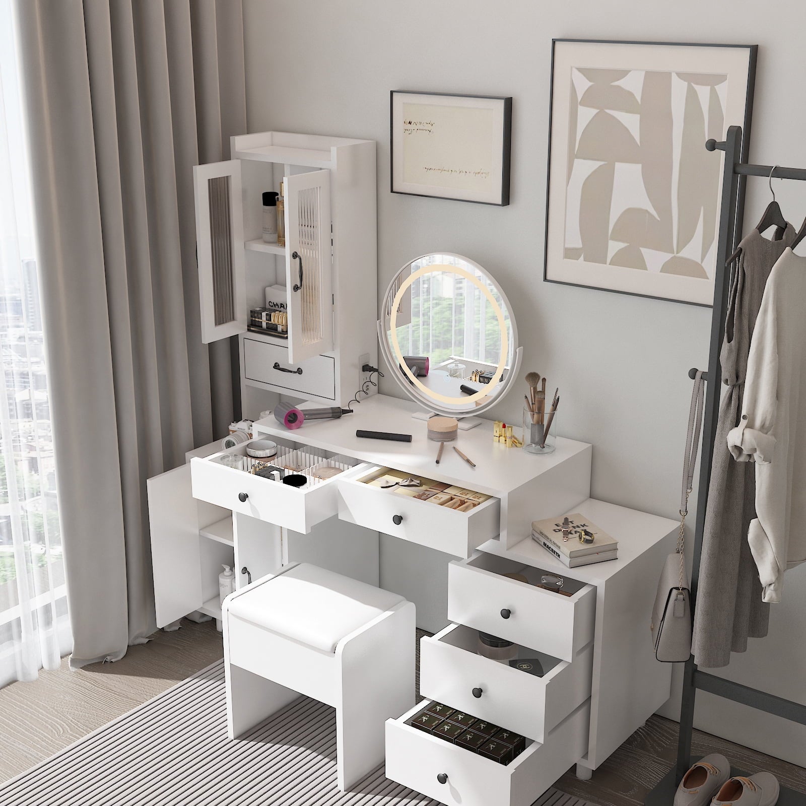 COOKCOK Makeup Vanity Desk with LED Mirror, Retractable Dressing Table with Power Outlets, Vanity Table with Side Cabinet and Nightstand, Storage Shelves, White