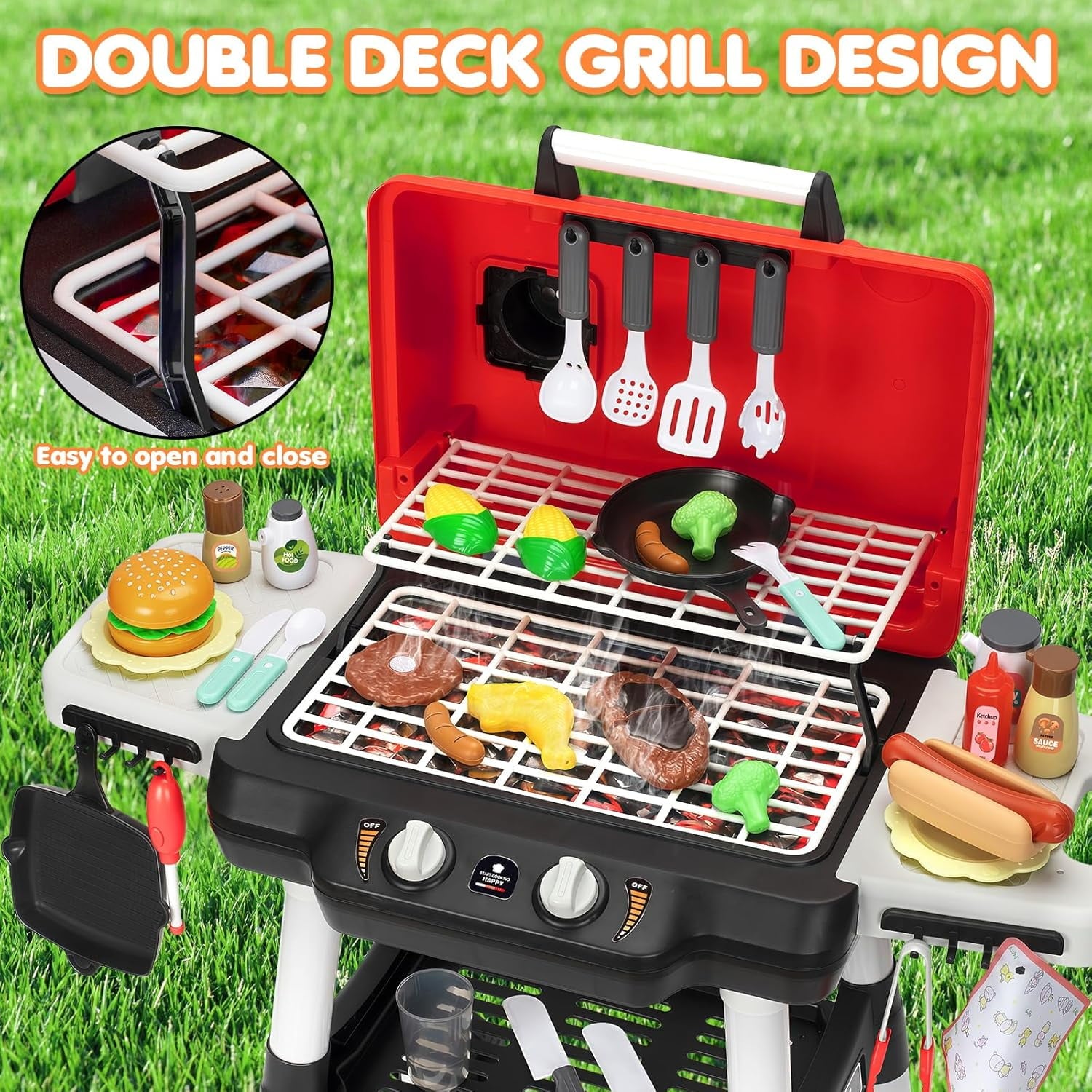 Track Seven Kids Play Kitchen Toys, Kids BBQ Grill Playset with Smoke Sound Light, 2-Layer Barbecue Toy with Wheels, Outdoor Play Food Toys Cooking Set for Toddlers 3-5, Birthday for Boys Girls