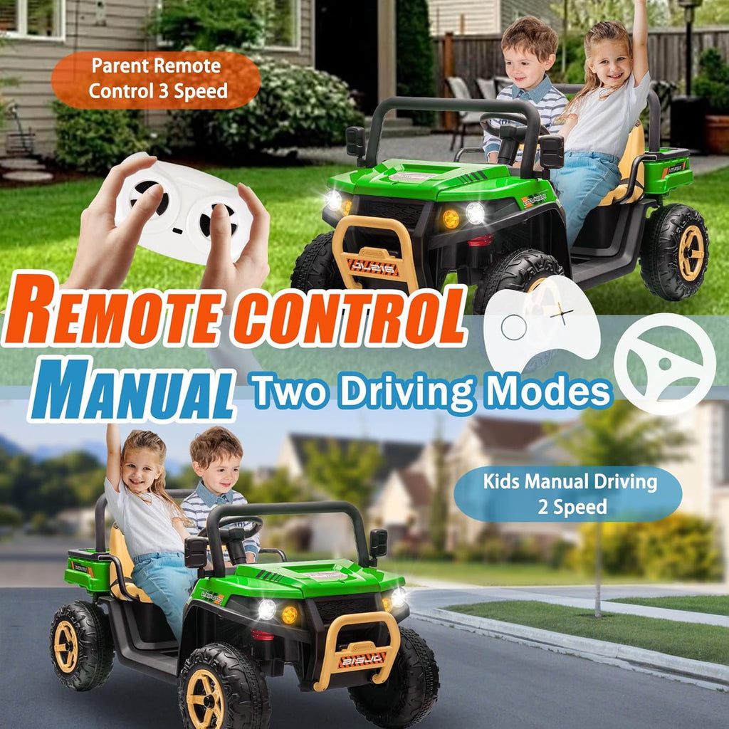Track 7 24V 2 Seater Ride on Car, 25.79" Width Large Seat, 24V Ride On UTV w/Remote Control, Automatic Tipping Bucket, Bluetooth, Portable Handle, Electric Car Truck for Boys Girls Age 3+, Green