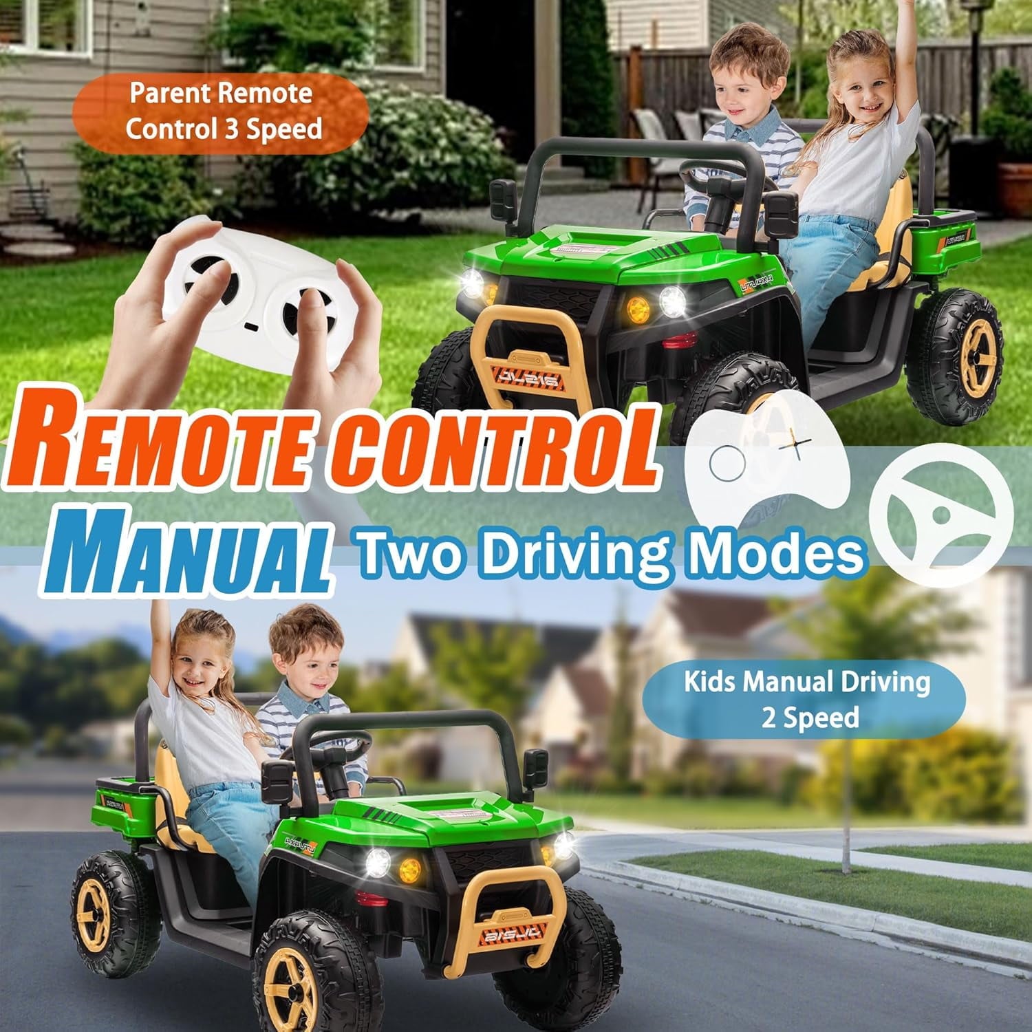 Track 7 24V 2 Seater Ride on Car, 25.79" Width Large Seat, 24V Ride On UTV w/Remote Control, Automatic Tipping Bucket, Bluetooth, Portable Handle, Electric Car Truck for Boys Girls Age 3+, Green