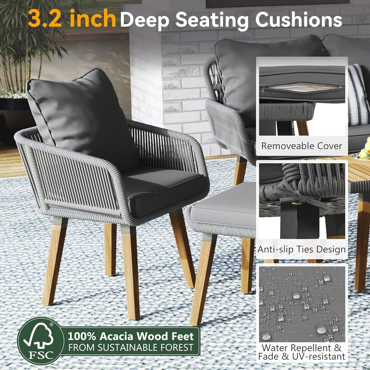 COOKCOK Patio Conversation Set, 6-Piece Rope Outdoor Furniture Set, Section Sofa Set with Acacia Wood Cool Bar Table with Ice Bucket, for Backyard/Porch/Balcony, Gray