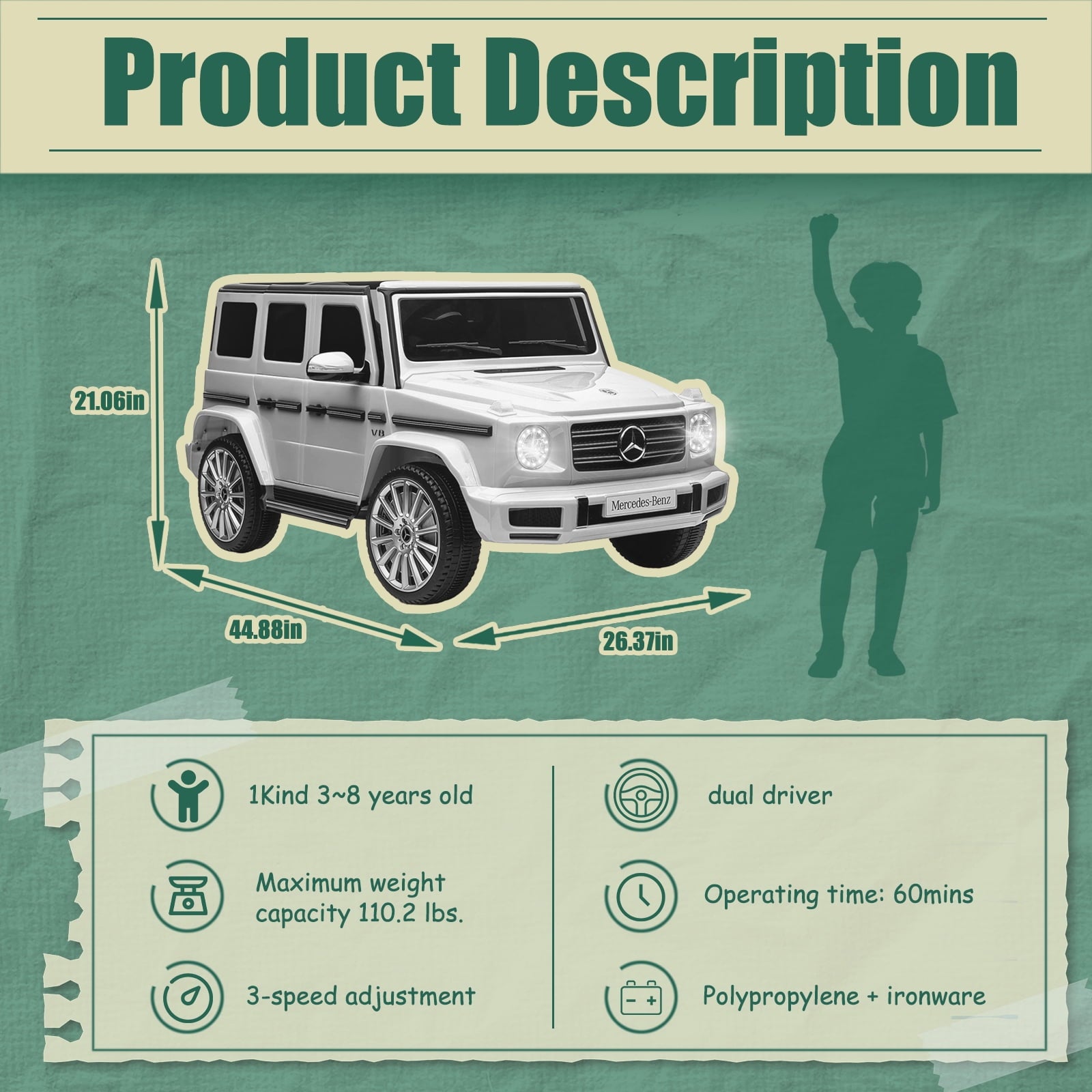 Track 7 24V Ride on Car, Licensed Mercedes-Benz G500 Electric Car with Remote Control, USB, Bluetooth, LED Lights, Ride on Truck for Boys Girls Age 3+, White