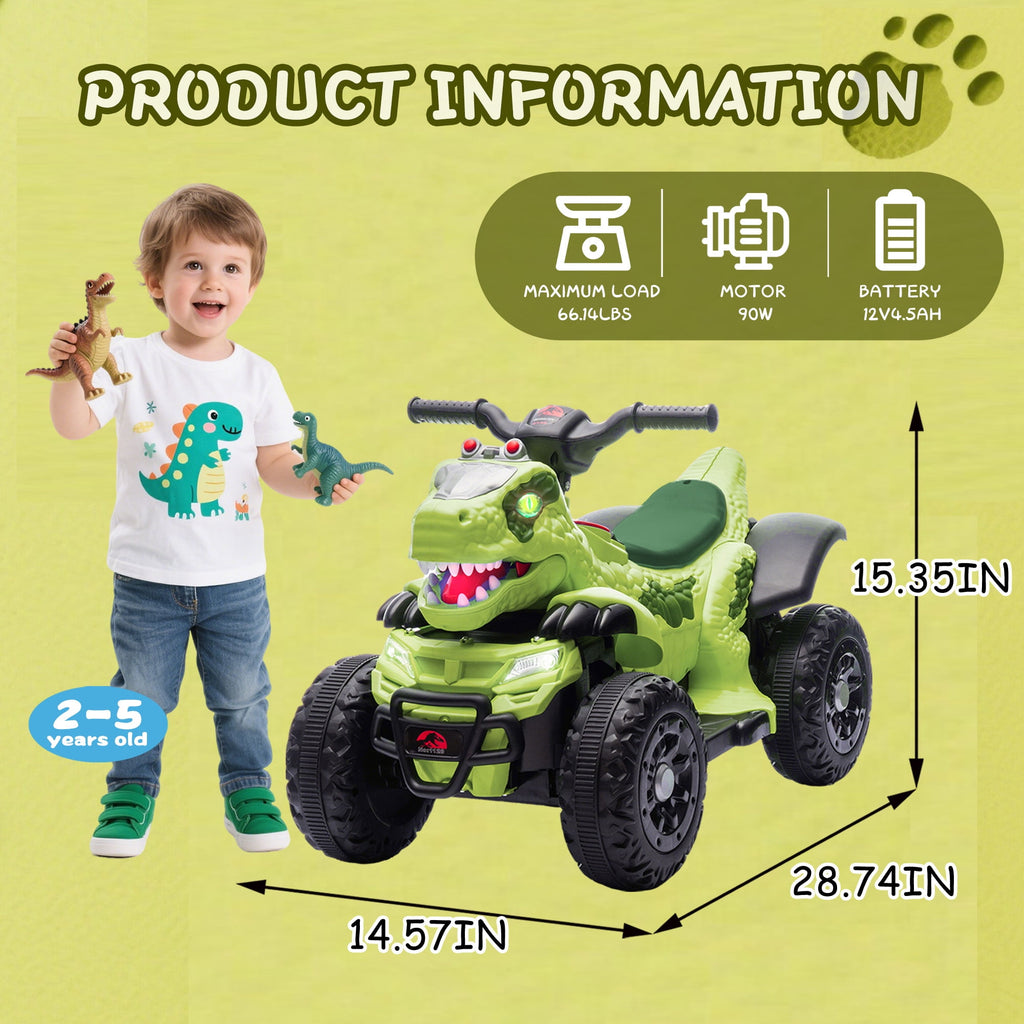 Track Seven 12v Ride-On Electric ATV, Dinosaur Shape Car, 2WD, Music, Bluetooth & Microphone, Power Display, Indoor& Outdoor Ride-On Toy for Boys Girls Age 2-5, Green