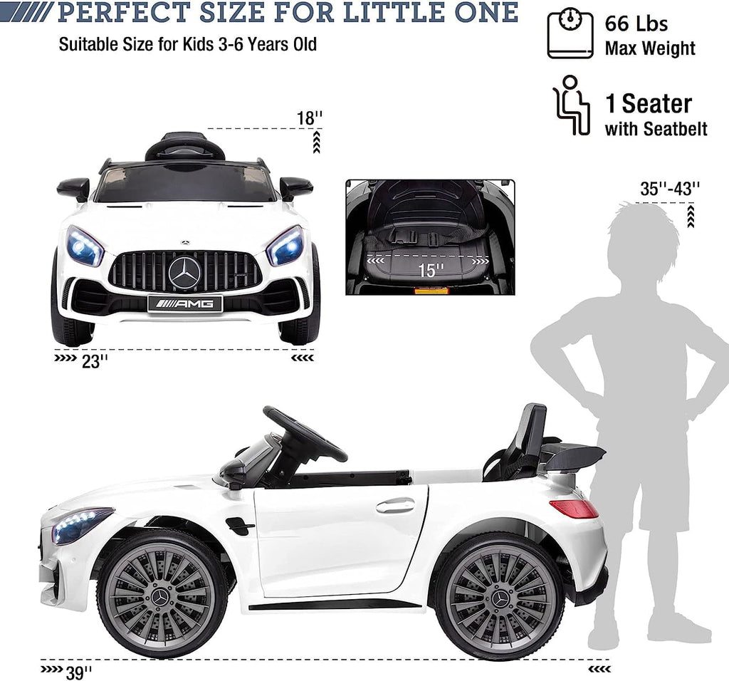 Track 7 Ride on Car with Remote Control, Licensed Benz Electric Car for Kids, 12V Electric Vehicles with AUX/FM/USB, LED Lights, White