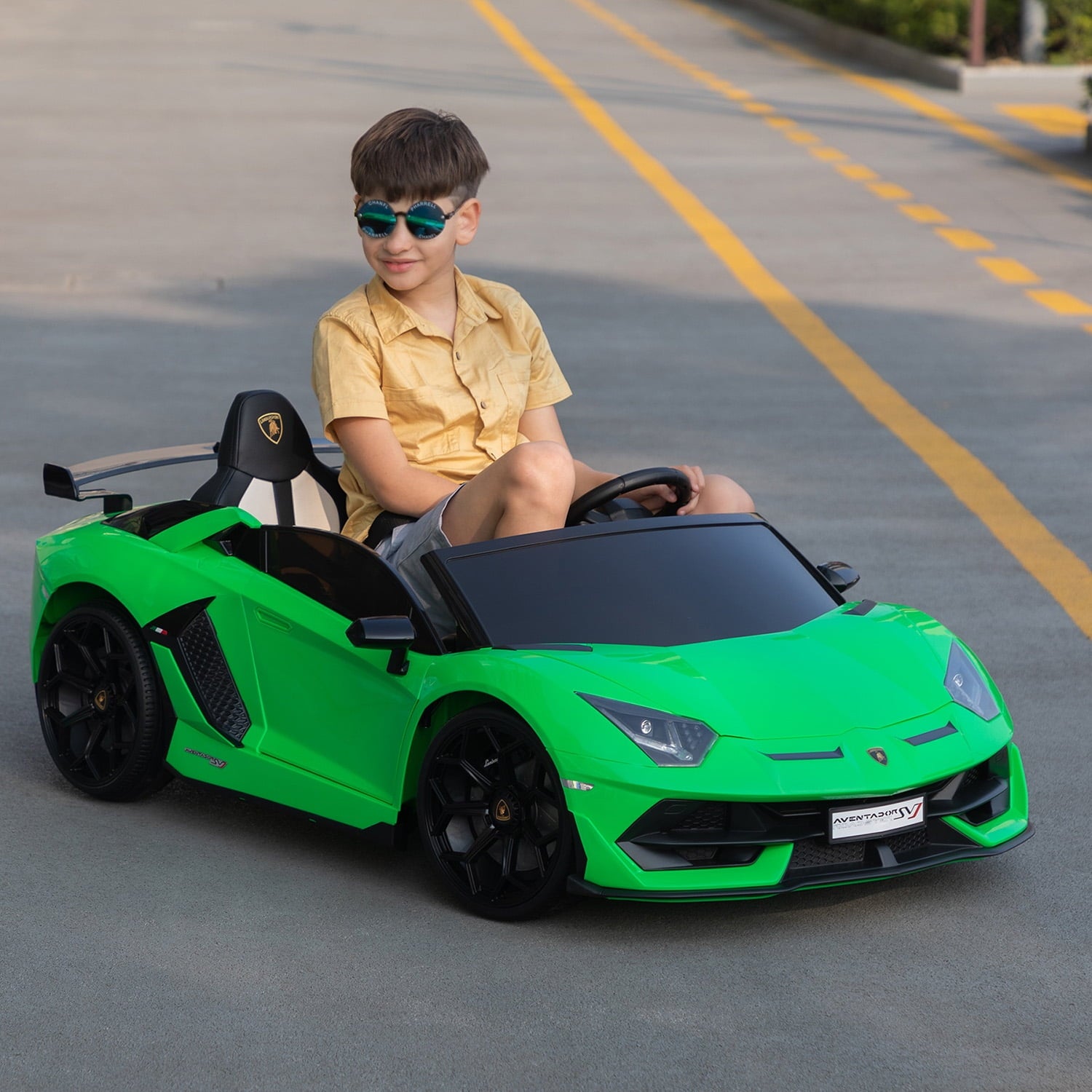 Track 7 24V Ride on Car, Licensed Lamborghini Drifting Car, 2-Seater Electric Car with Remote Control, MP3, LED Lights, PU Seat, Portable Handle, Green