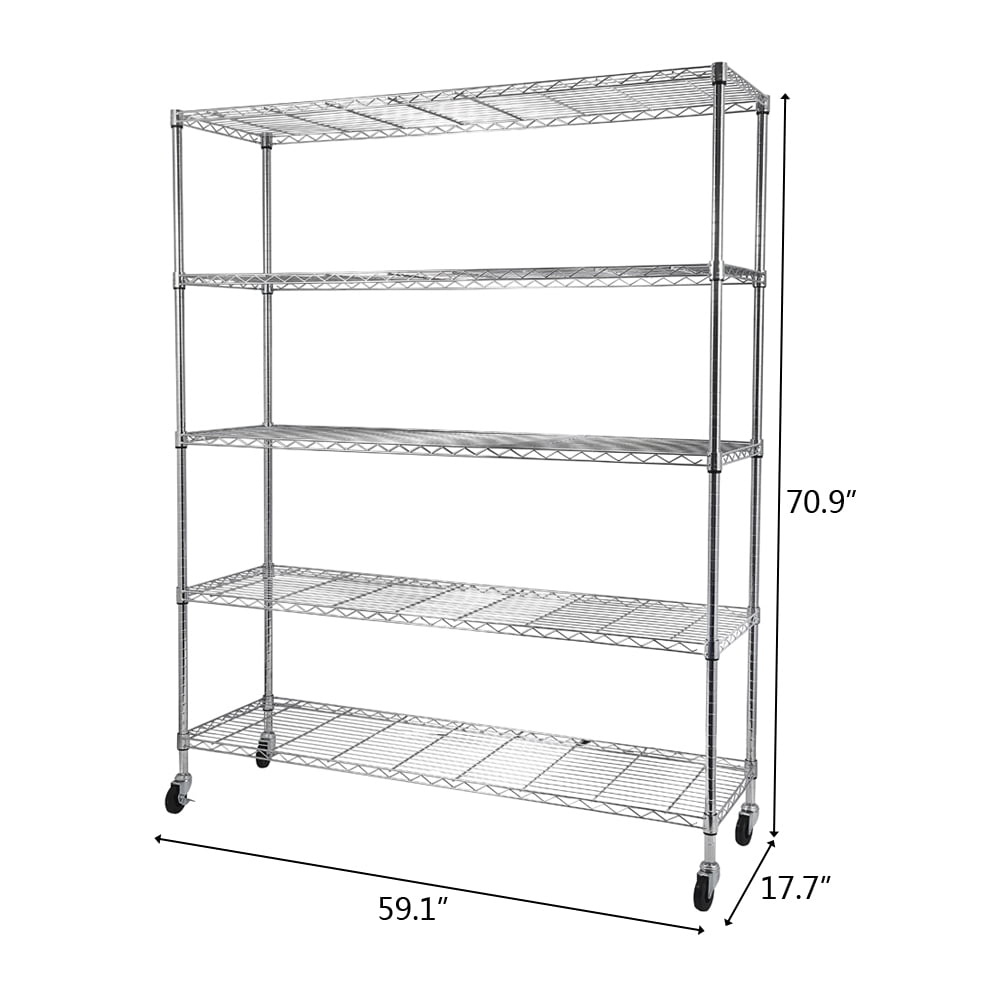 COOKCOK 5-Tier Wire Shelving with Wheels,Storage Shelving Unit,Adjustable Wire Shelving,Heavy Duty Kitchen Shelf,Carbon Steel Wire Shelving Unit for Garage Storage, Laundry Room,Kitchen Organization