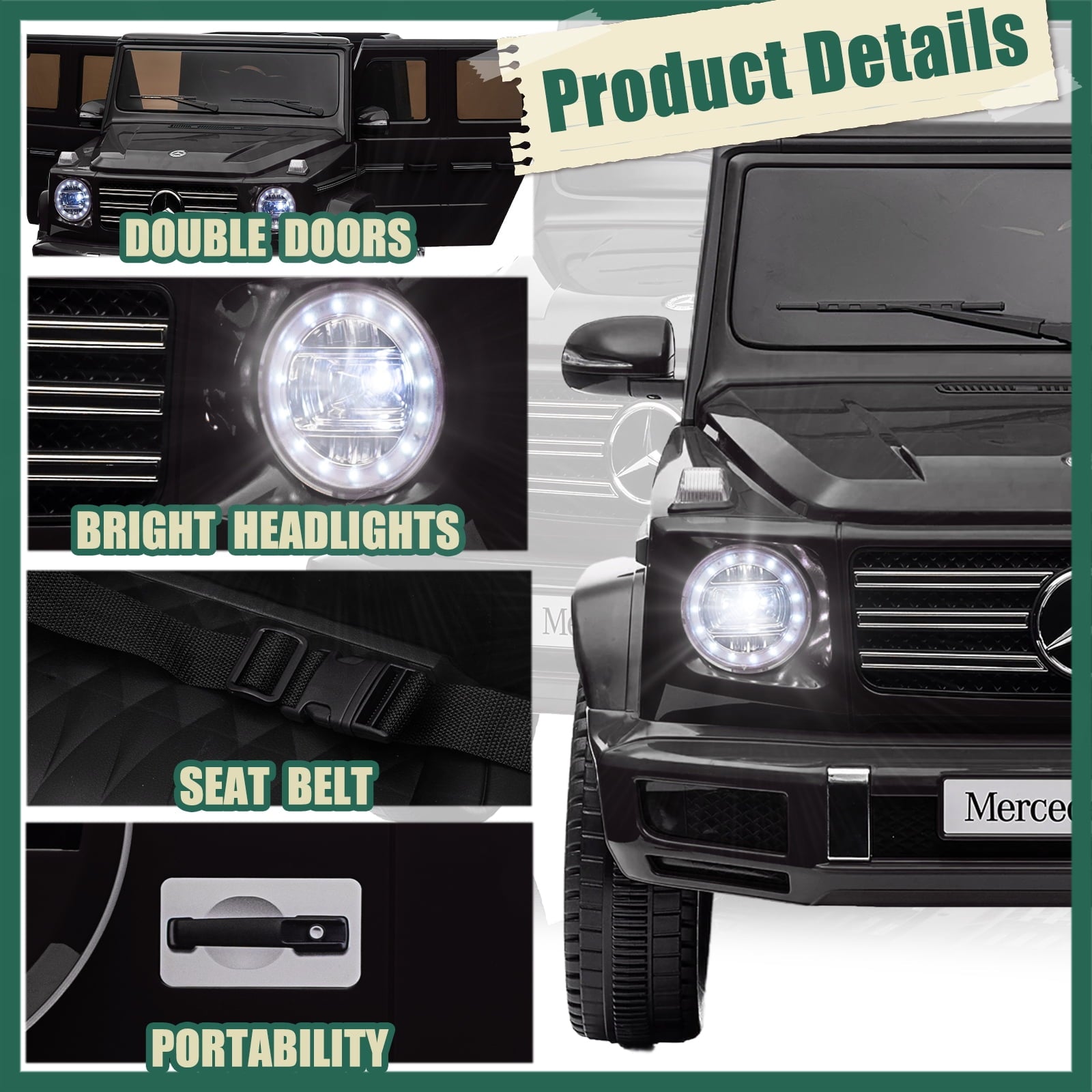 SUSIELADY 24V Ride on Car, Licensed Mercedes-Benz G500, Three speed adjustable, with Remote Control, USB, Bluetooth, LED Lights
