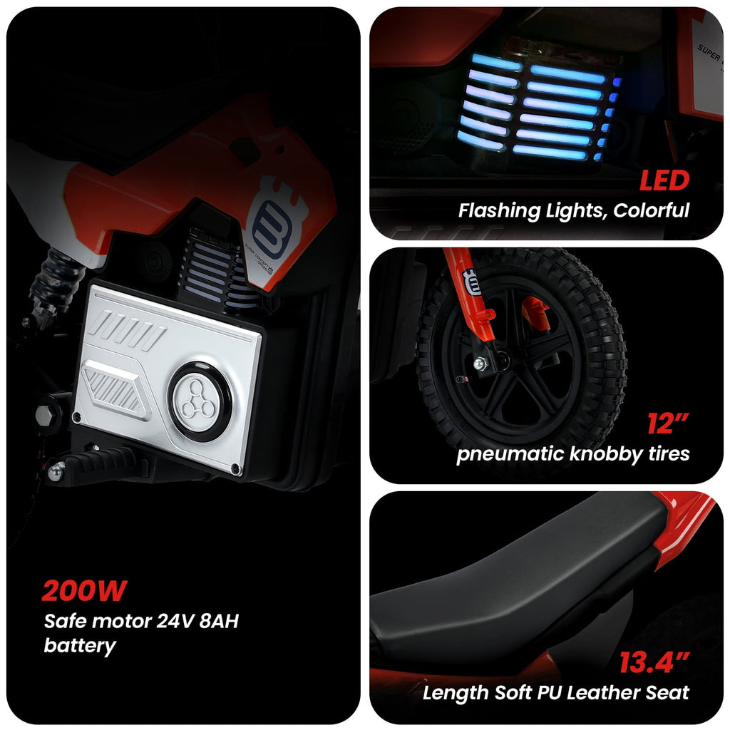 Track 7 24V Ride on Motorcycle, 200W Motocross Electric Dirt Bike with Hand Operated Brakes, Adjustable Speed, LED Lamp, Music, Max Speed 10mph, Electric Motorcycle for Kids Age 5+, Red