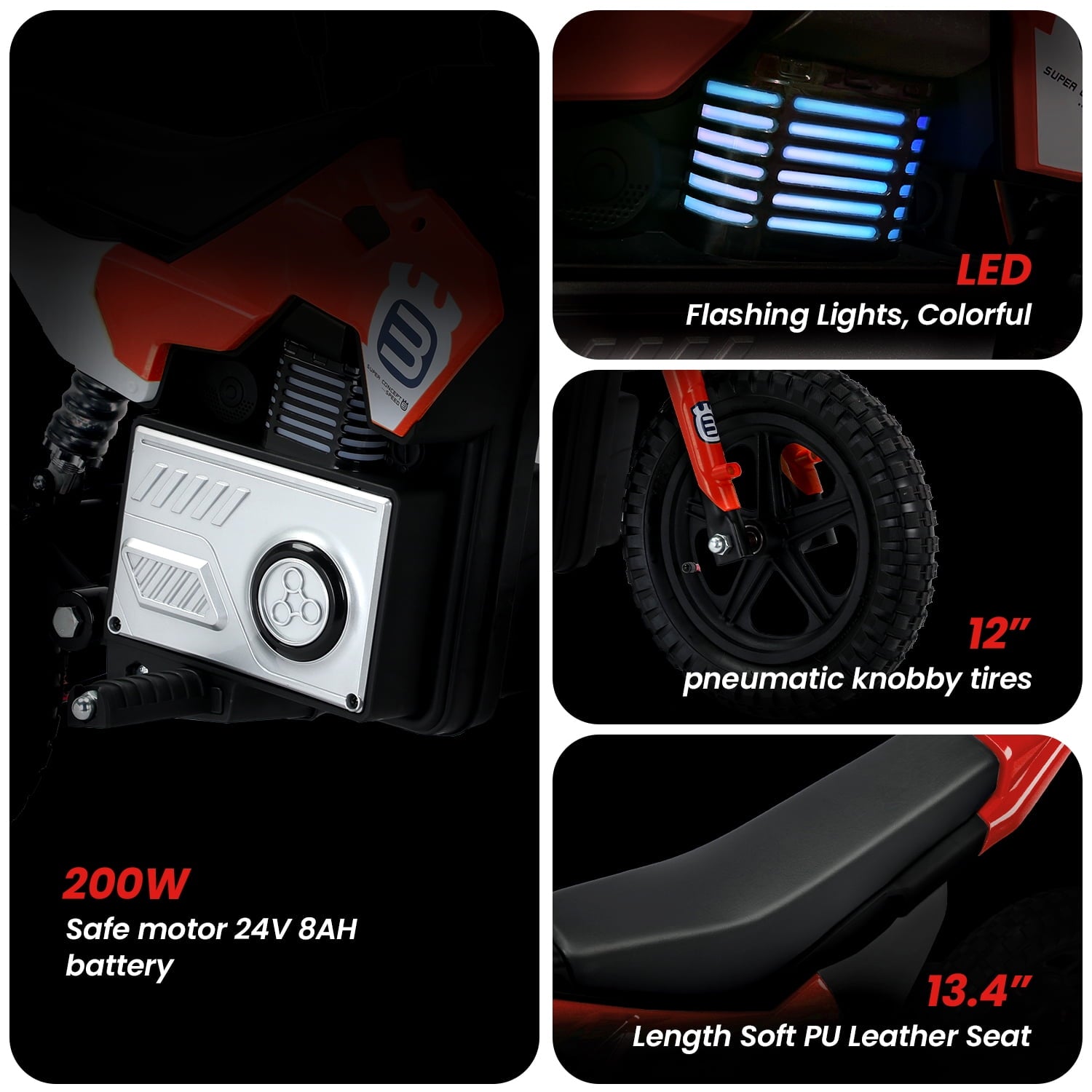 Track 7 24V Ride on Motorcycle, 200W Motocross Electric Dirt Bike with Hand Operated Brakes, Adjustable Speed, LED Lamp, Music, Max Speed 10mph, Electric Motorcycle for Kids Age 5+, Red