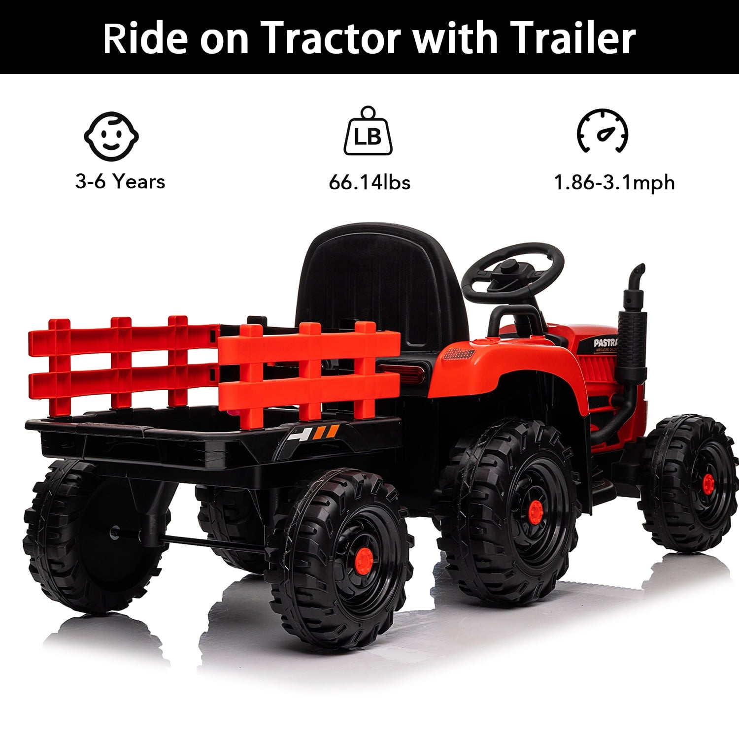Track 7 12V Ride on Tractor with Trailer, 3-Gear-Shift Ground Loader, Kids Ride on Car with Remote Control, Bluetooth, Music, LED Lights, Electric Car for Boys Girls, Red