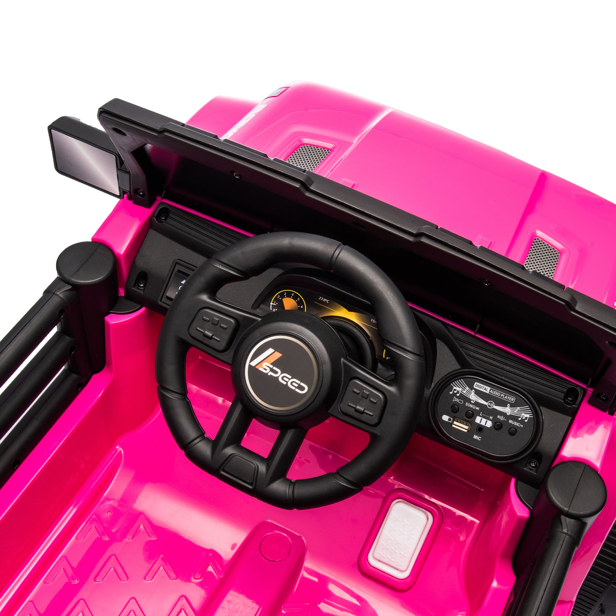 Track 7 12V Kids Ride on Pickup Truck, Dual Drive, 4-Wheel Suspension, with Headlights, Remote Control, Music, Bluetooth, MP3, Slow Start for Kids Aged 3-8, Rose Red