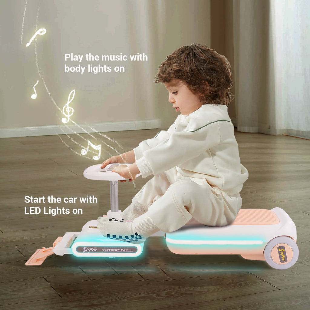Track 7 12V Ride on Car, 12V Electric Go Kart with LED Lights, Music, Adjustable Length, Portable Go Kart with Mopping Kit, Electric Car for Boys Girls Age 2+, Pink