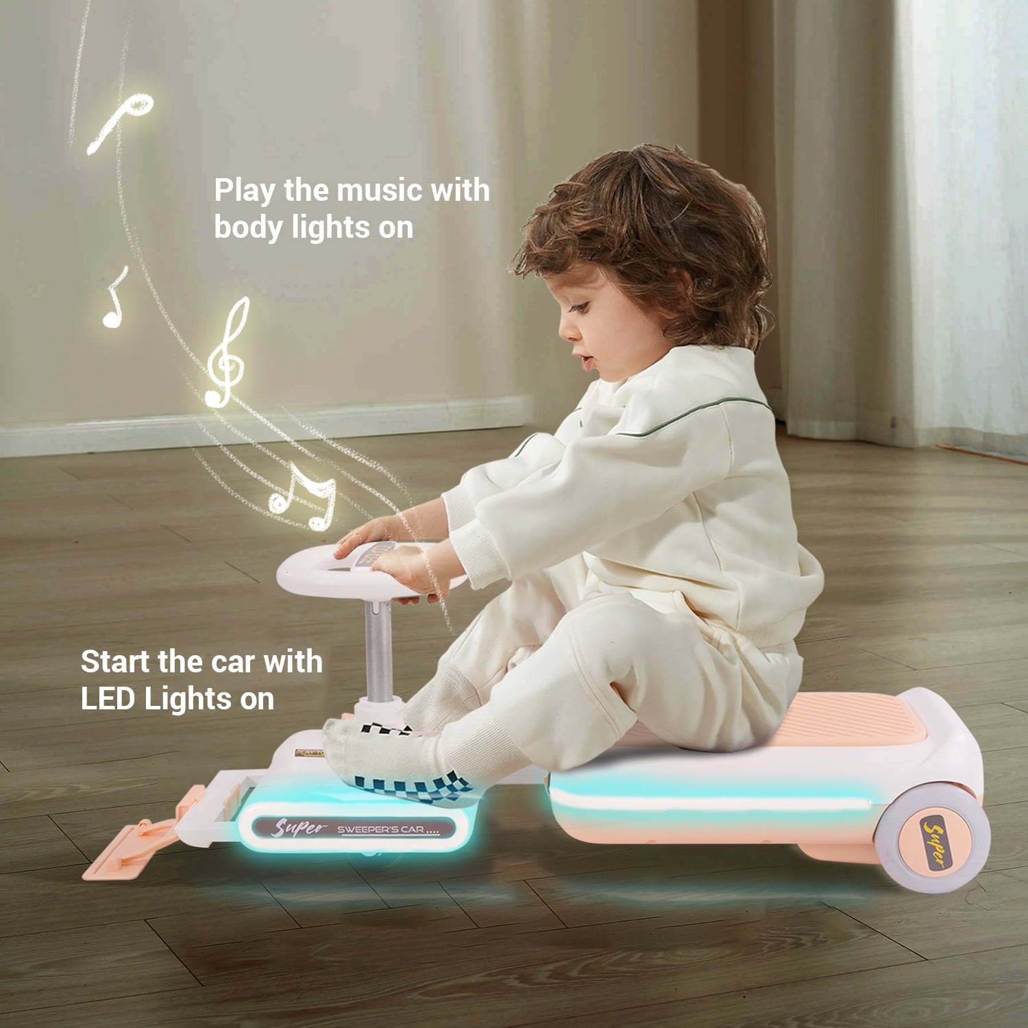 Track 7 12V Ride on Car, 12V Electric Go Kart with LED Lights, Music, Adjustable Length, Portable Go Kart with Mopping Kit, Electric Car for Boys Girls Age 2+, Pink