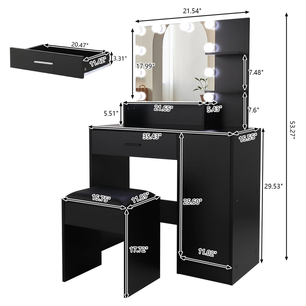 COOKCOK Vanity Set with Lighted Mirror, 10 LED Bulbs Vanity Dressing Table with 3 Storage Shelves 1 Drawer 1 Cabinet, Makeup Table with Cushioned Stool, Black