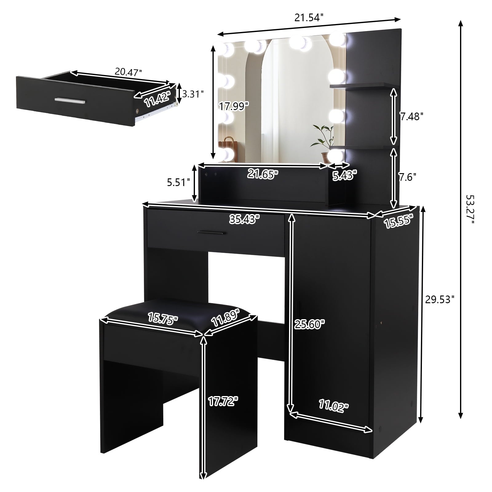 COOKCOK Vanity Set with Lighted Mirror, 10 LED Bulbs Vanity Dressing Table with 3 Storage Shelves 1 Drawer 1 Cabinet, Makeup Table with Cushioned Stool, Black