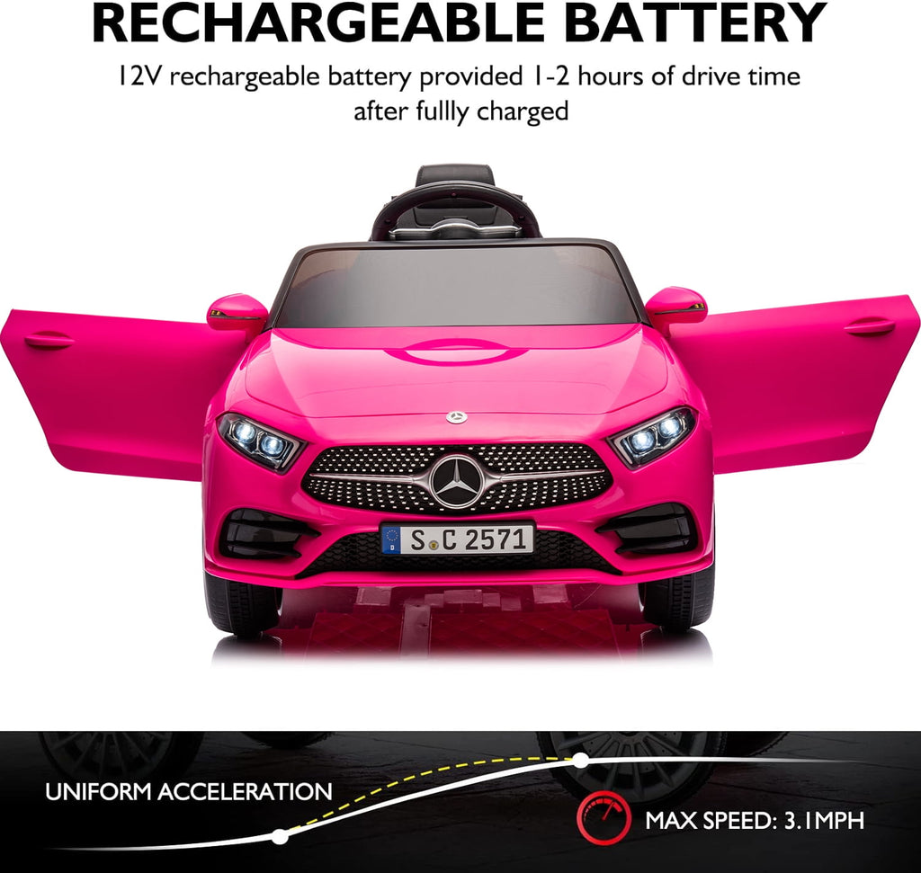 Track 7 12V Ride on Car, Licensed Mercedes-Benz CLS 350 Electric Car for Kids, Ride on Car with Remote Control, Music, Power Display, LED Lights, MP3, Kids Car for Age 3+, Pink